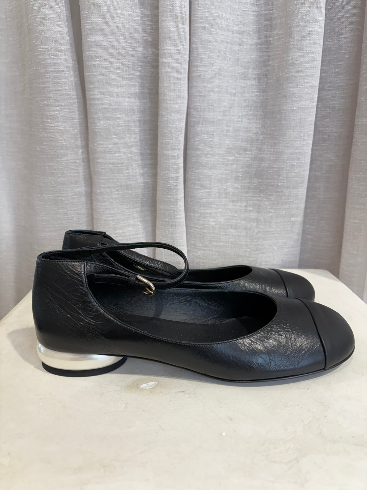 Chanel Black Crinkle Leather Pearl Heel Mary Janes, 41 C