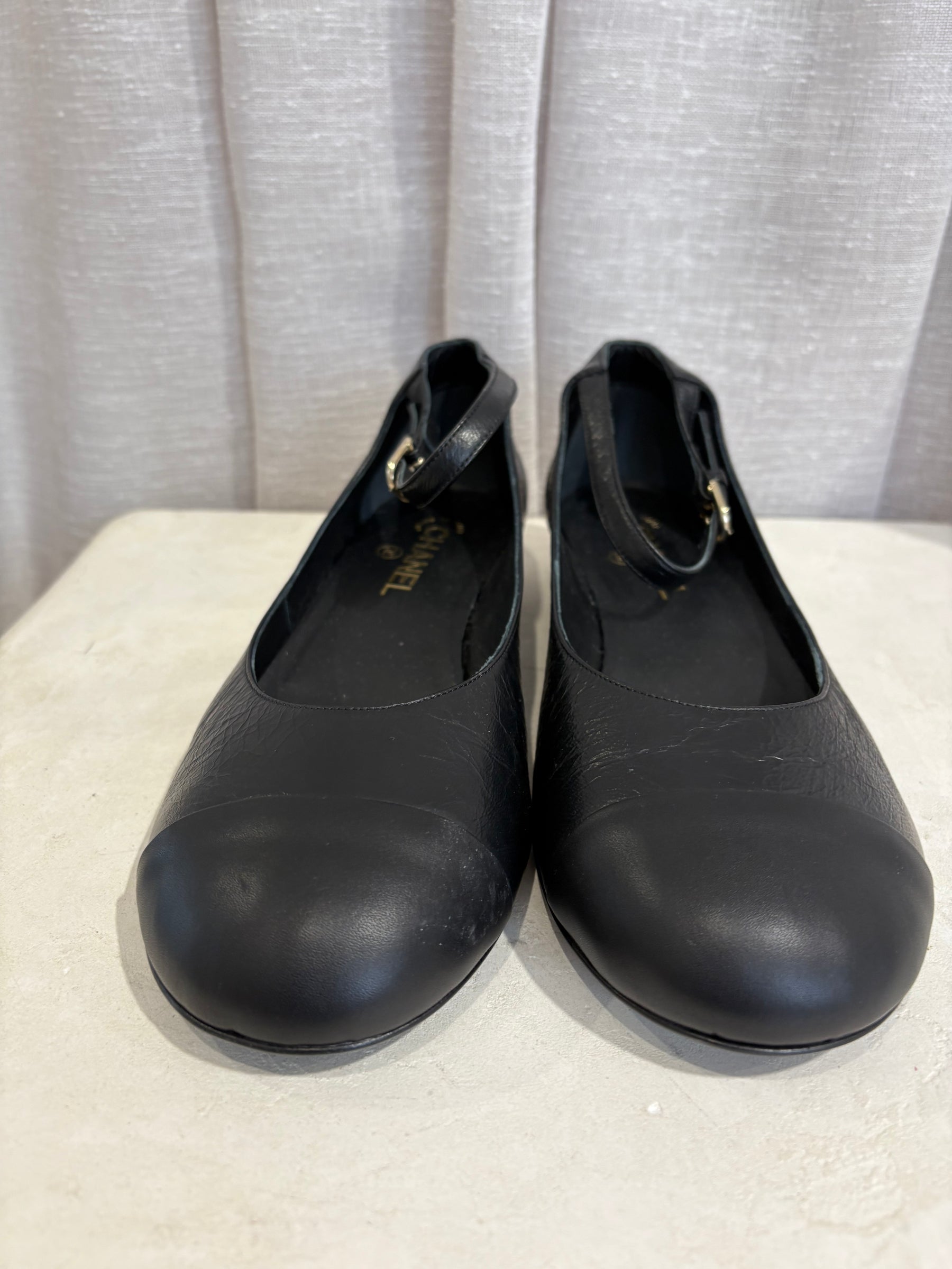 Chanel Black Crinkle Leather Pearl Heel Mary Janes, 41 C