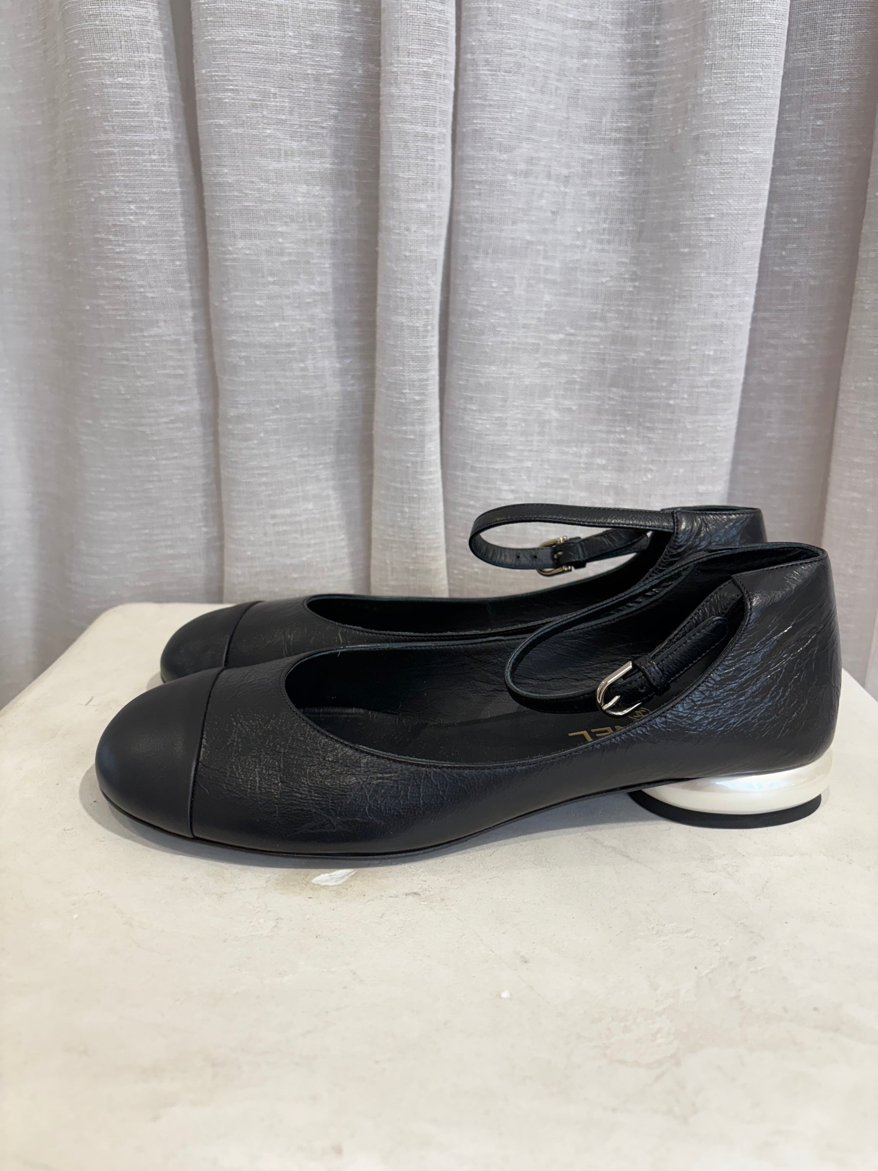 Chanel Black Crinkle Leather Pearl Heel Mary Janes, 41 C