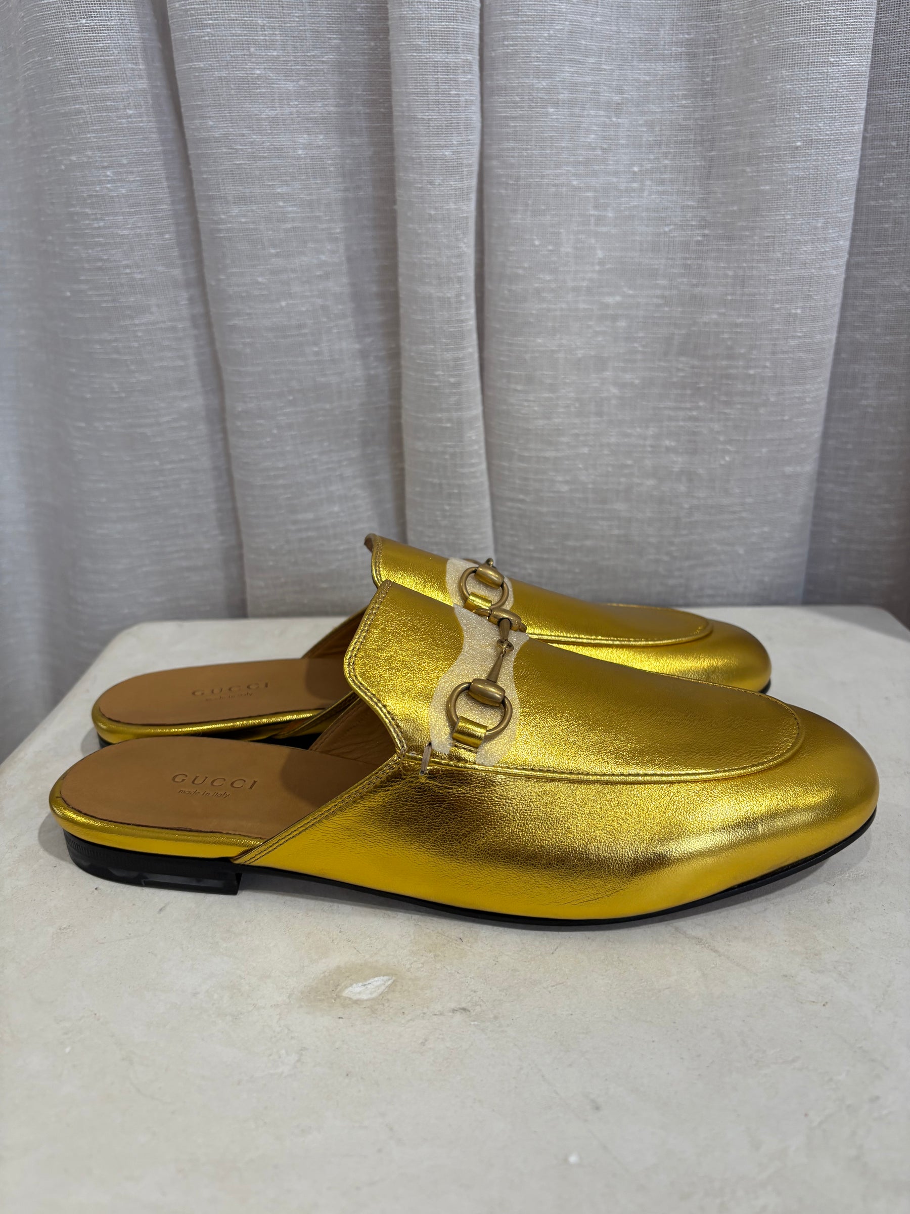 Gucci Gold Leather Princeton Mules, 39.5