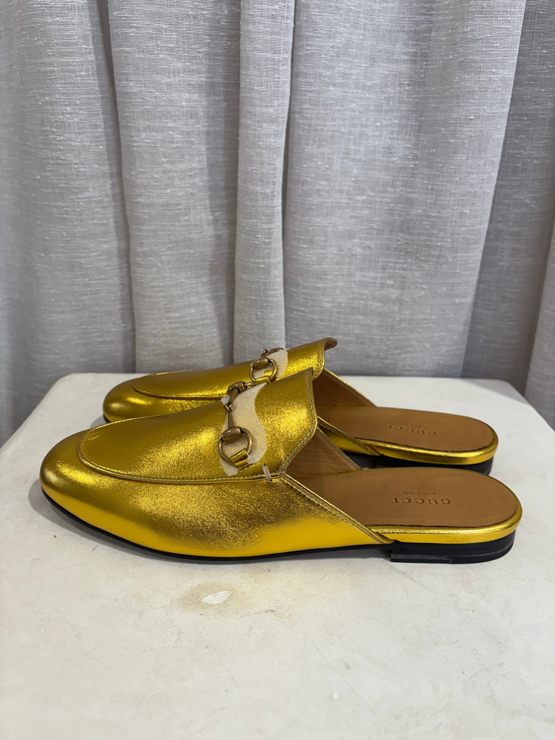 Gucci Gold Leather Princeton Mules, 39.5