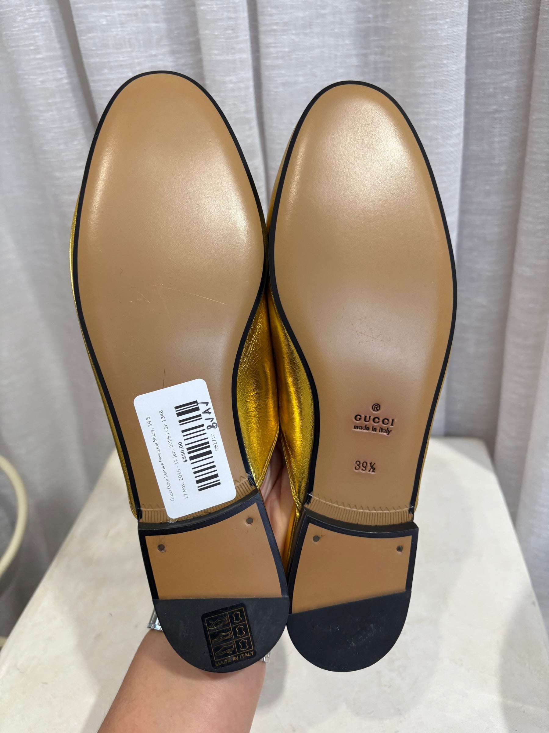 Gucci Gold Leather Princeton Mules, 39.5