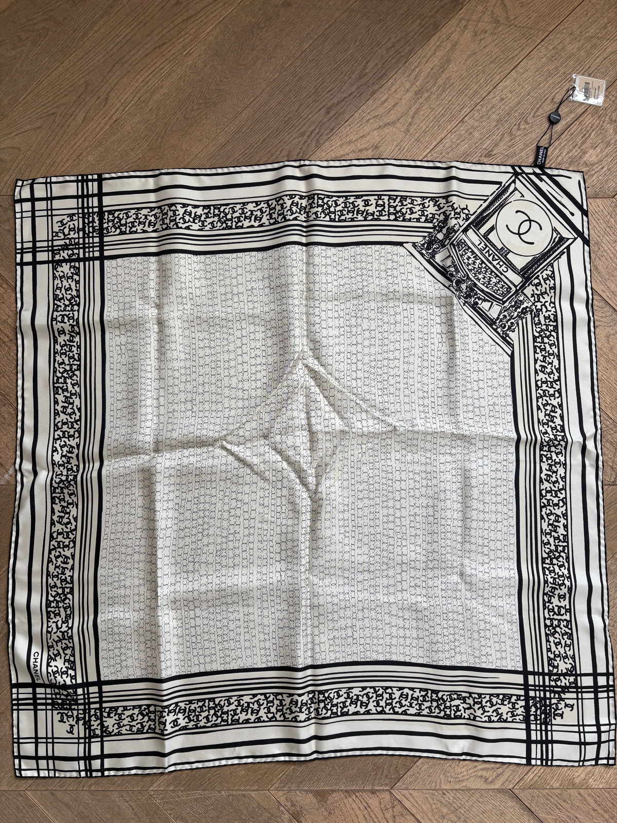 Chanel Black and Cream Logo Silk Scarf
