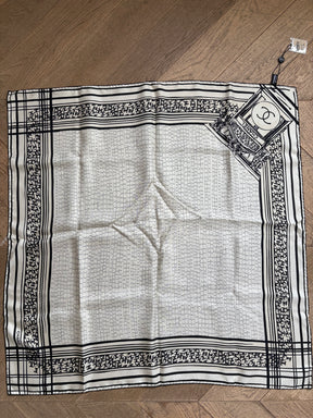 Chanel Black and Cream Logo Silk Scarf