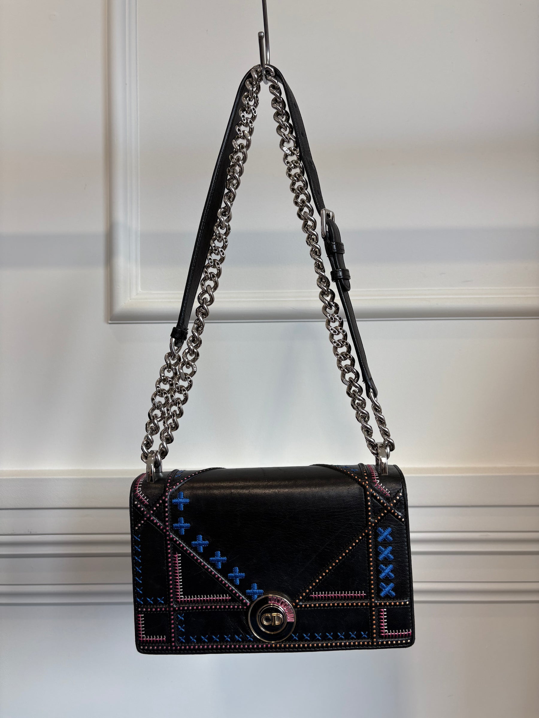 Dior Black Leather with Pink and Blue Embroidered Stitch Detail Small Diorama Bag