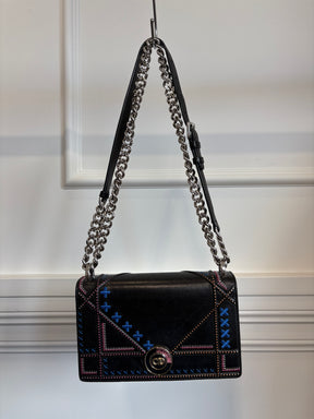Dior Black Leather with Pink and Blue Embroidered Stitch Detail Small Diorama Bag