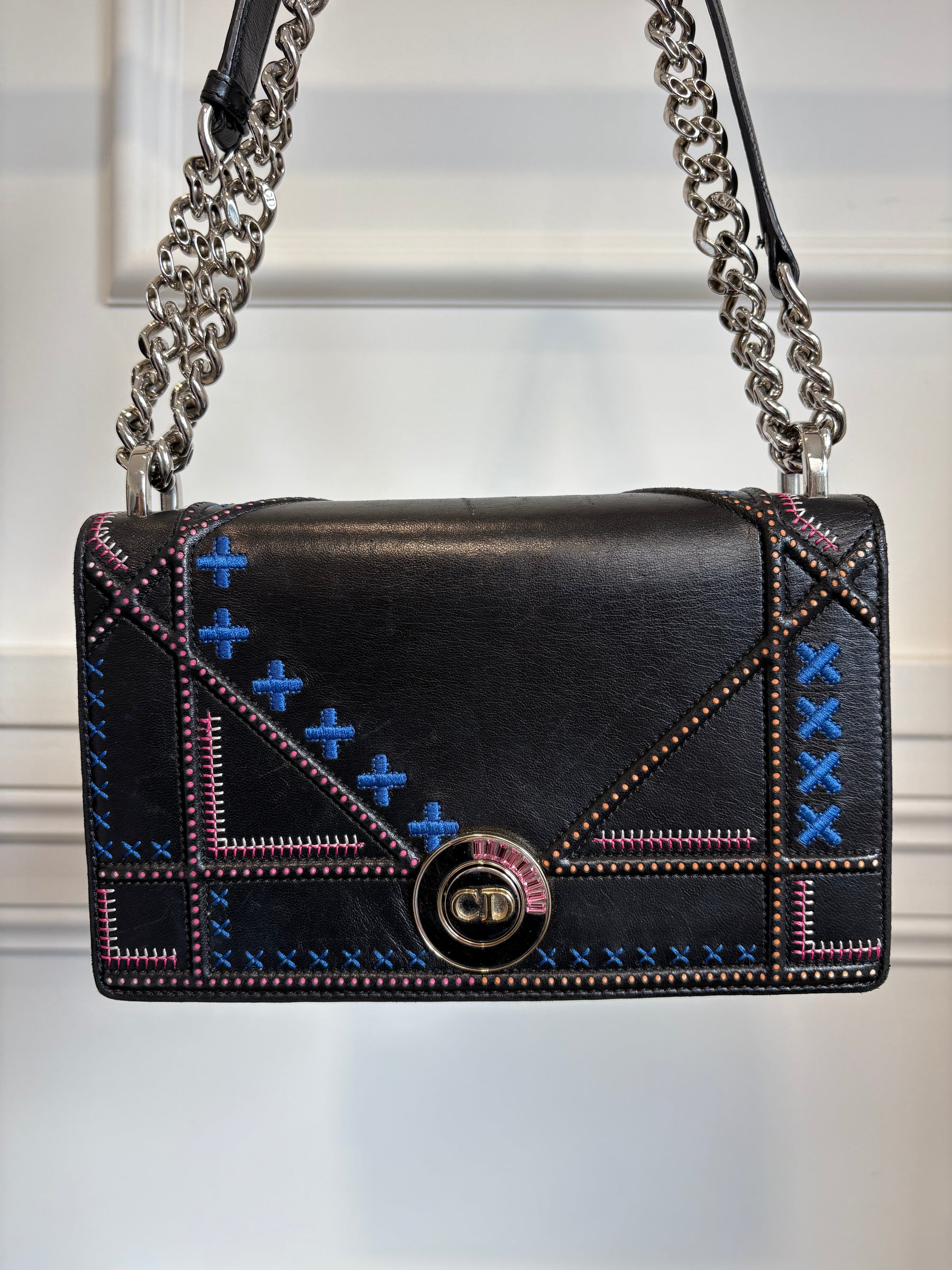 Dior Black Leather with Pink and Blue Embroidered Stitch Detail Small Diorama Bag