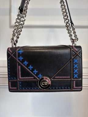 Dior Black Leather with Pink and Blue Embroidered Stitch Detail Small Diorama Bag