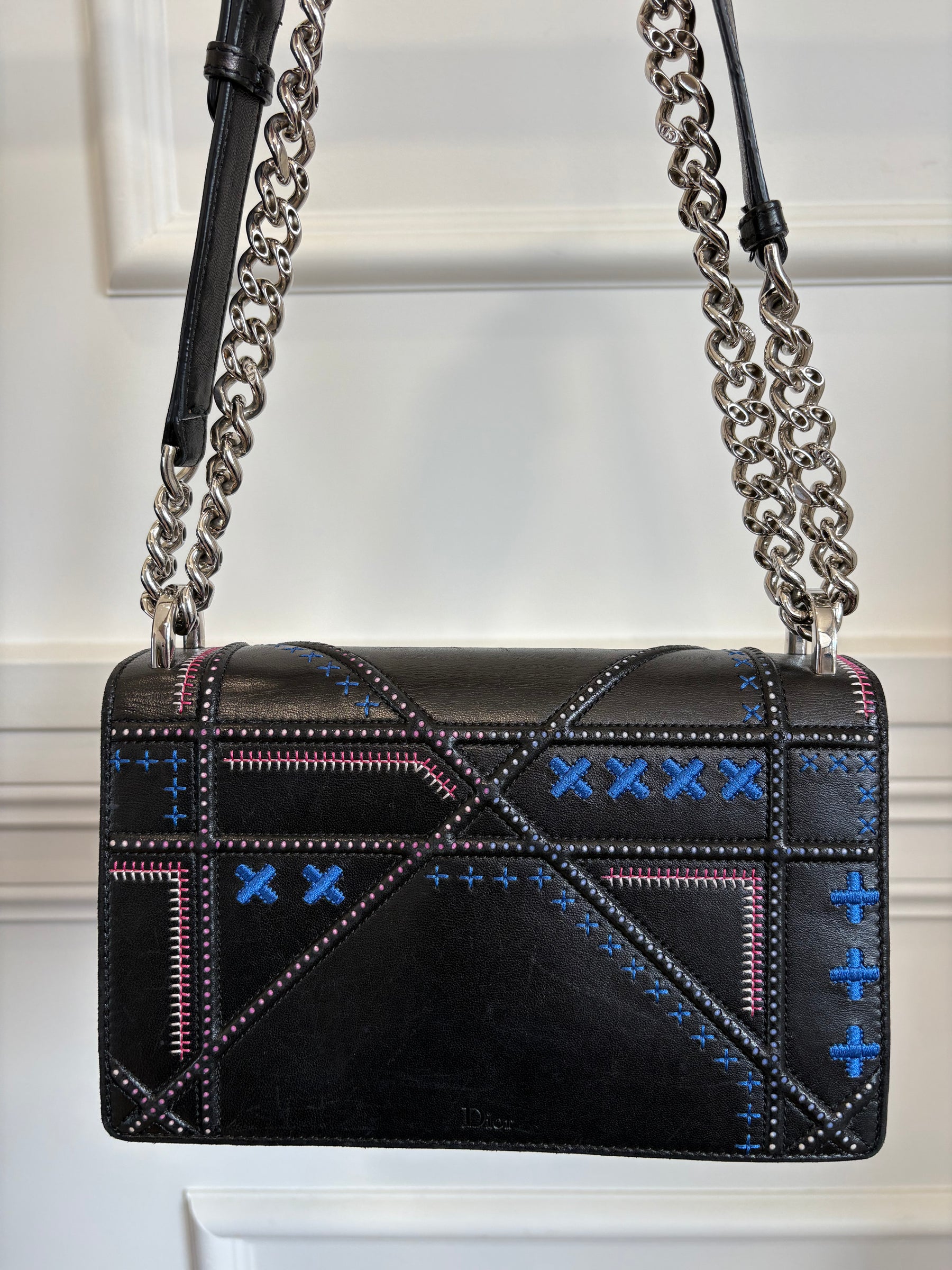 Dior Black Leather with Pink and Blue Embroidered Stitch Detail Small Diorama Bag