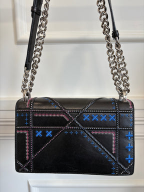 Dior Black Leather with Pink and Blue Embroidered Stitch Detail Small Diorama Bag