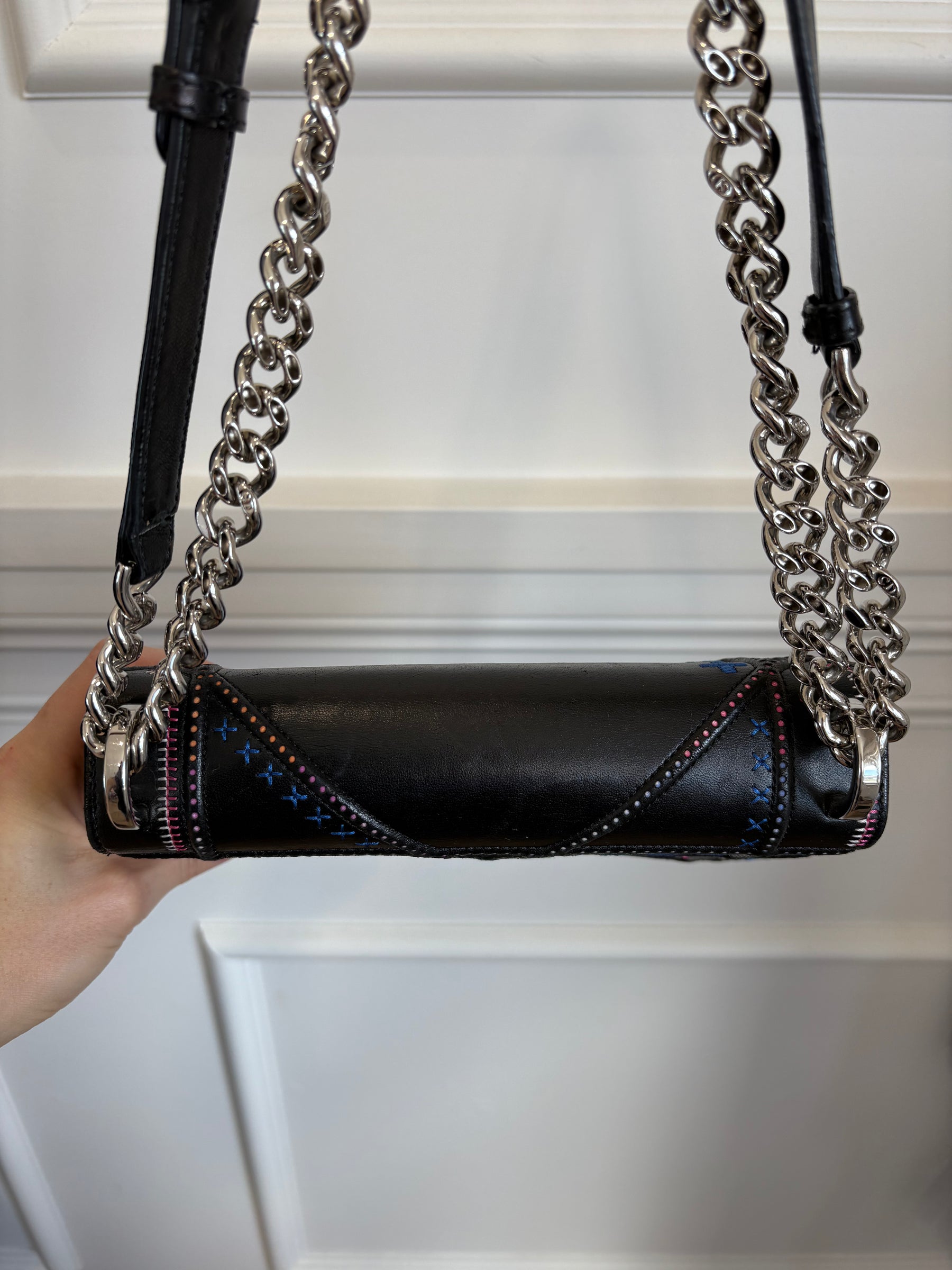 Dior Black Leather with Pink and Blue Embroidered Stitch Detail Small Diorama Bag