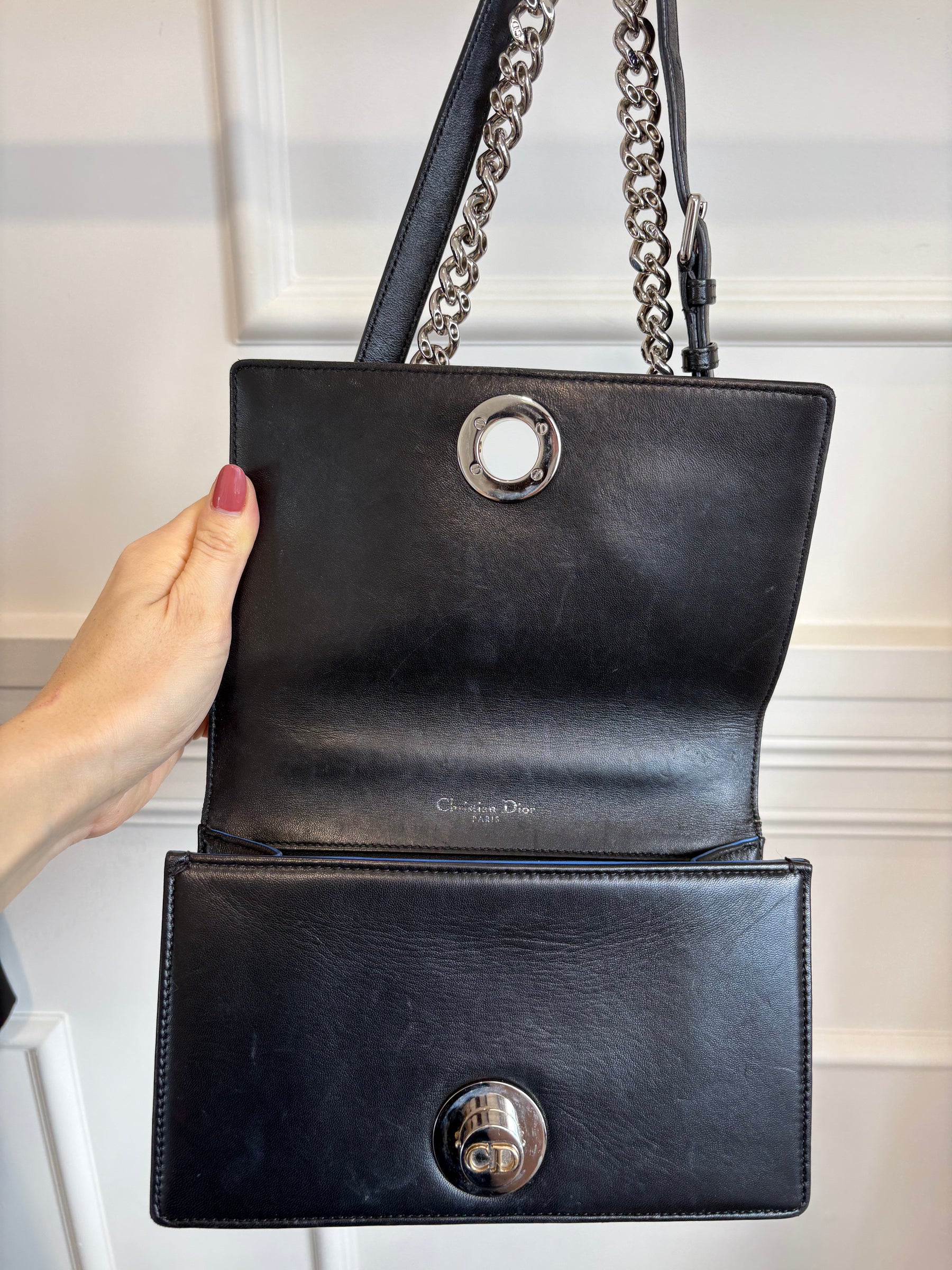 Dior Black Leather with Pink and Blue Embroidered Stitch Detail Small Diorama Bag