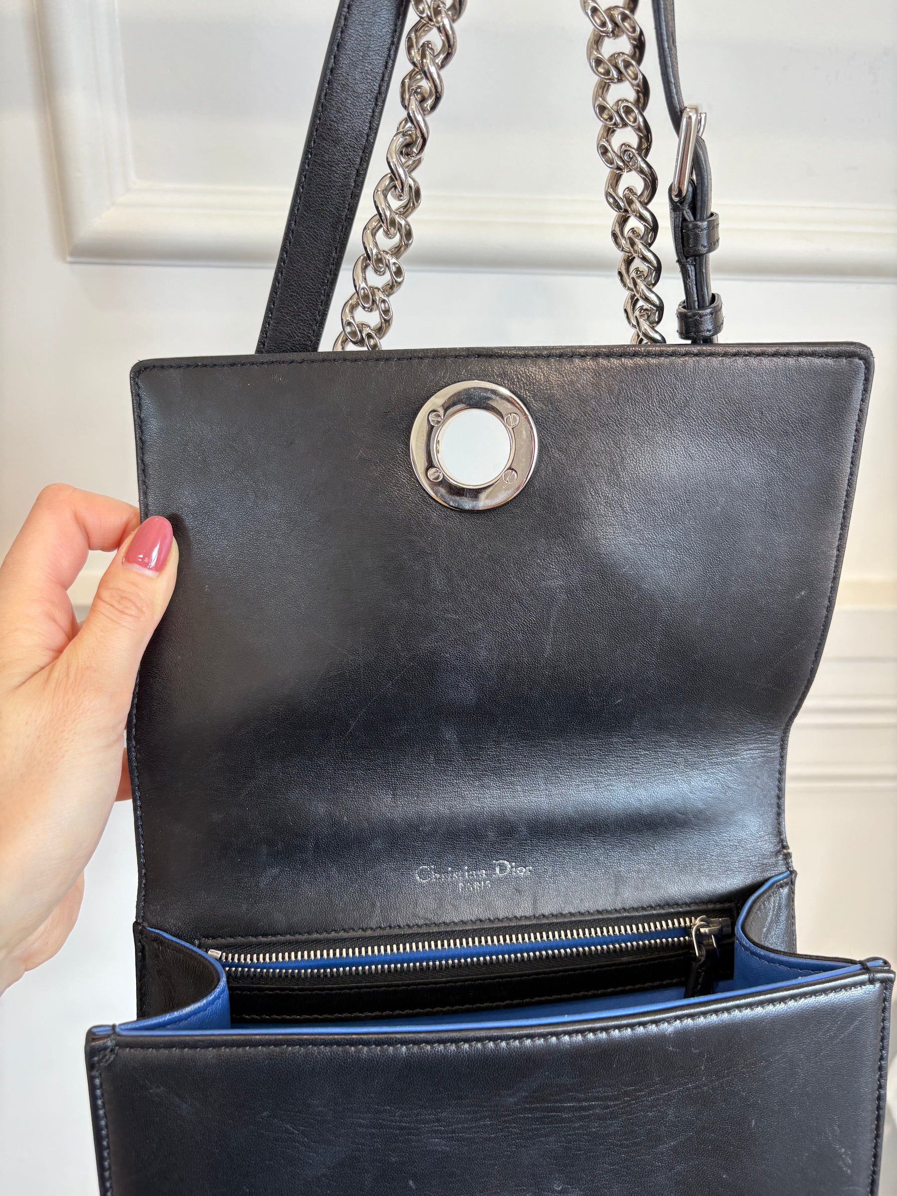 Dior Black Leather with Pink and Blue Embroidered Stitch Detail Small Diorama Bag