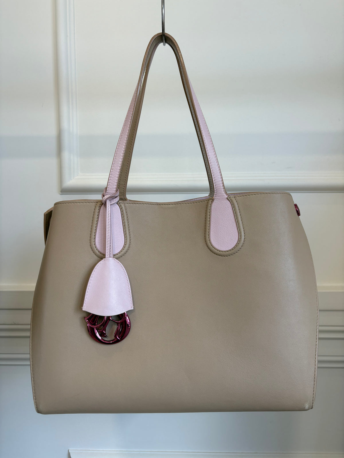 Dior Taupe and Pink Leather Tote with Metallic Pink Hardware