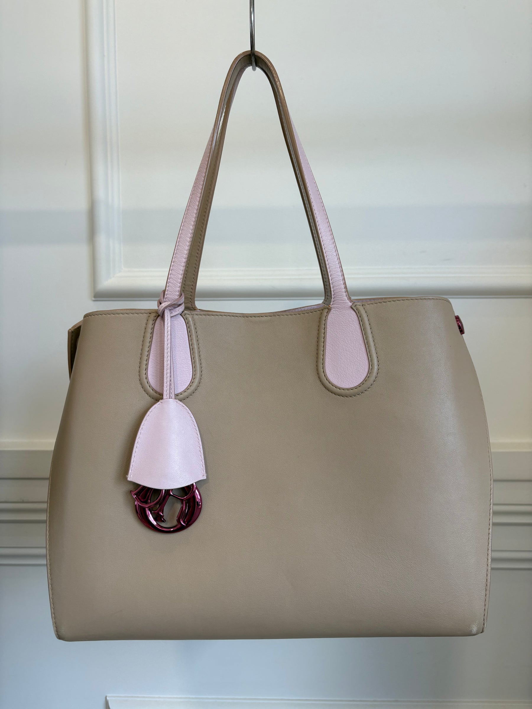 Dior Taupe and Pink Leather Tote with Metallic Pink Hardware