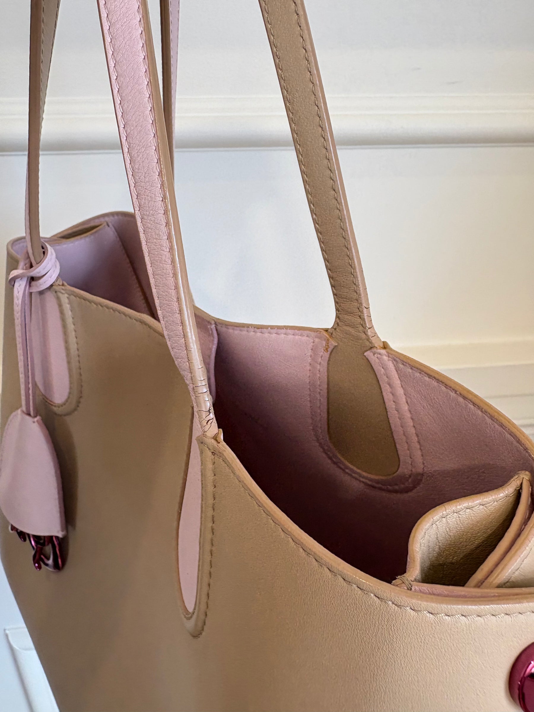 Dior Taupe and Pink Leather Tote with Metallic Pink Hardware