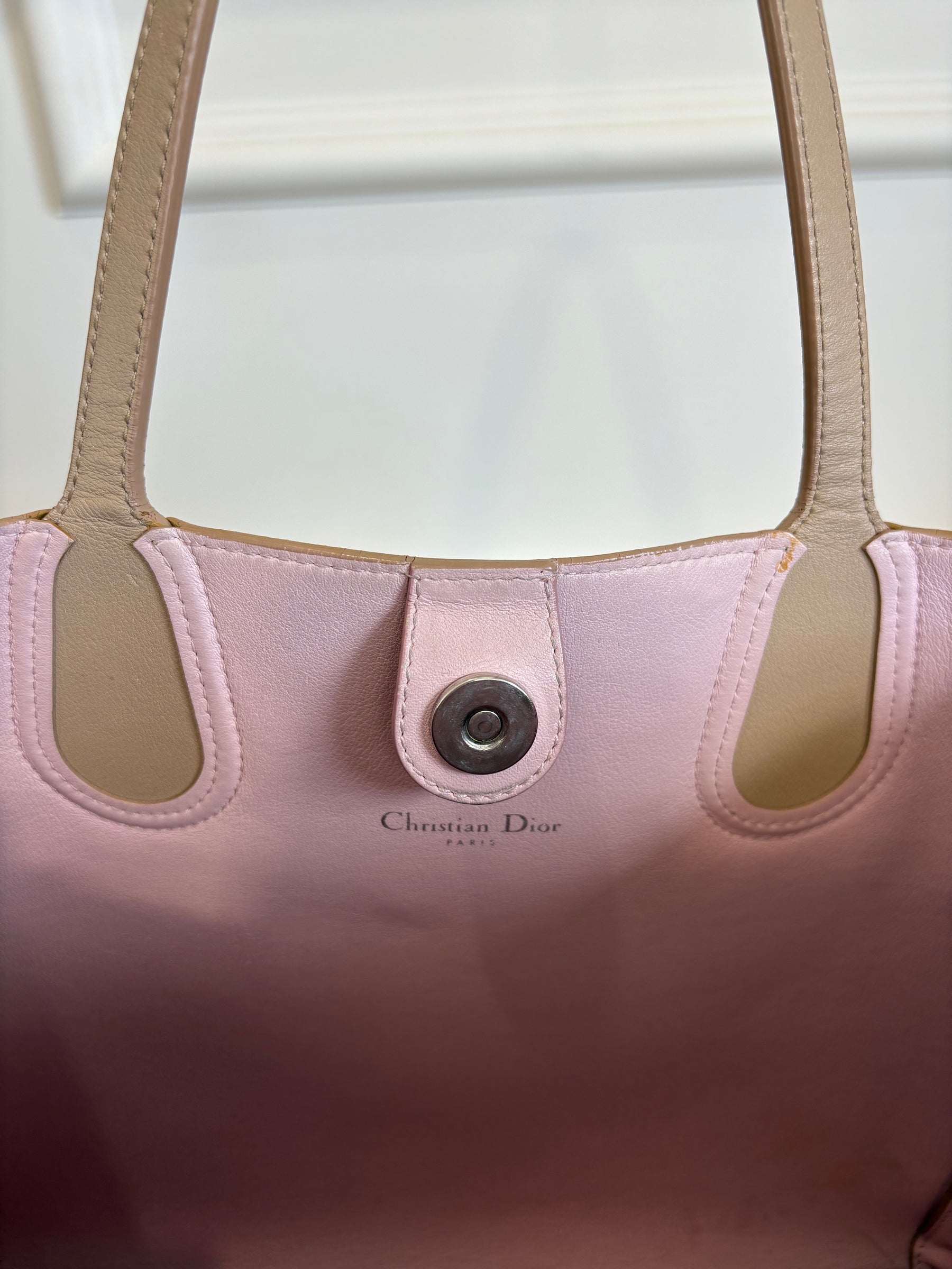 Dior Taupe and Pink Leather Tote with Metallic Pink Hardware