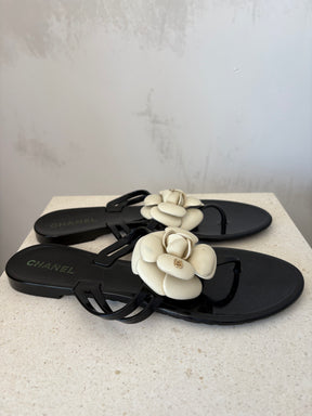 Chanel Rubber Thongs With Camelia Embellishment Black White, 40