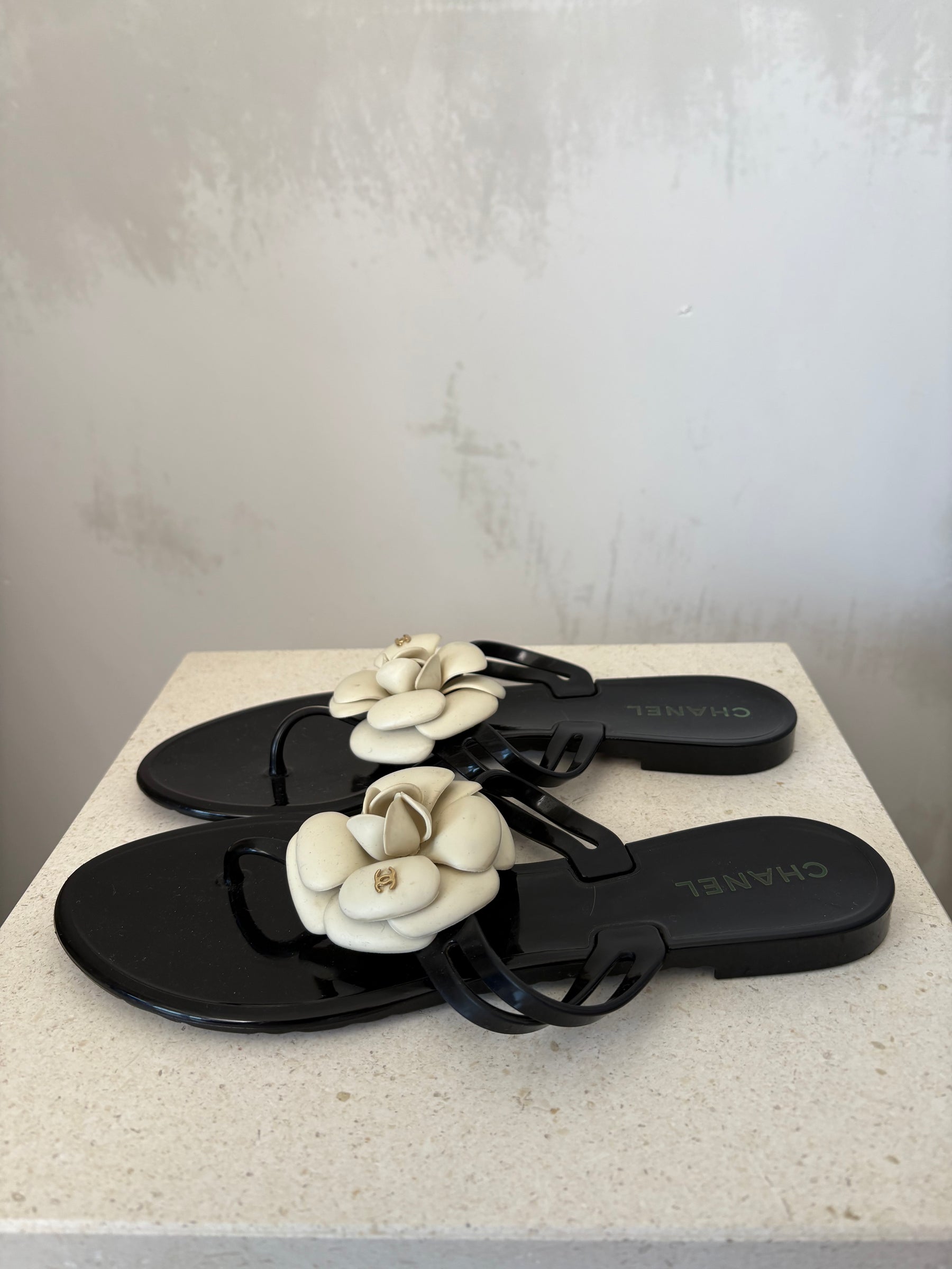 Chanel Rubber Thongs With Camelia Embellishment Black White, 40