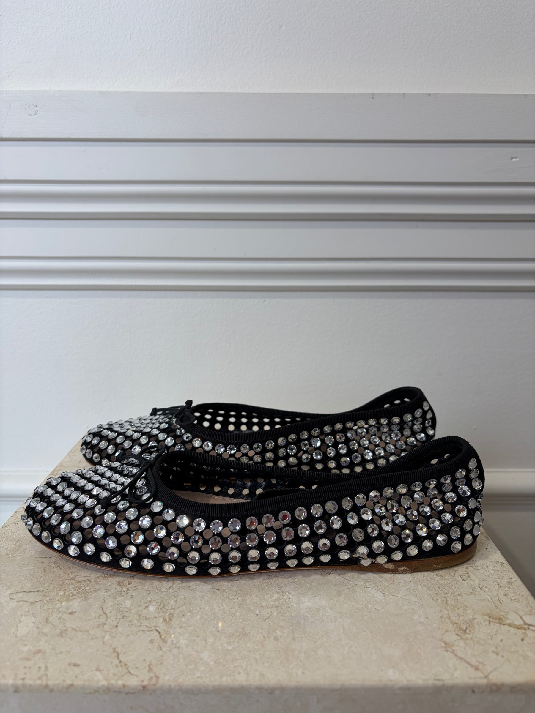 Miu MIu Black Crystal Net Ballet Flats, 39.5