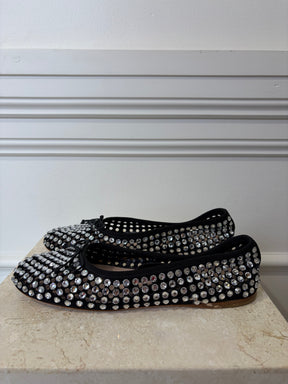 Miu MIu Black Crystal Net Ballet Flats, 39.5