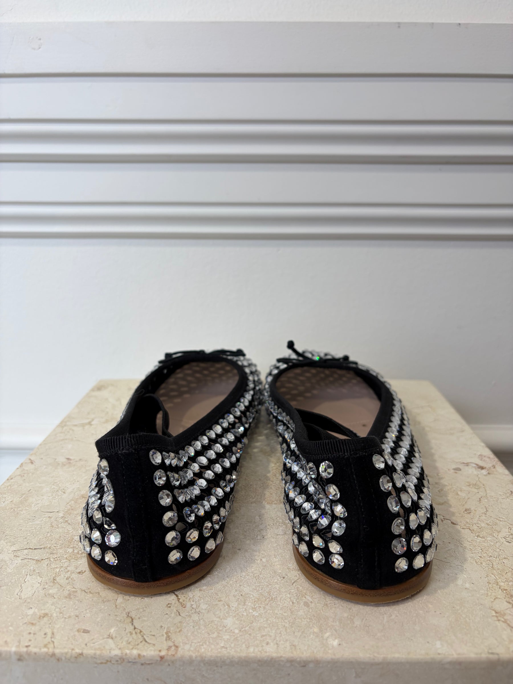 Miu MIu Black Crystal Net Ballet Flats, 39.5