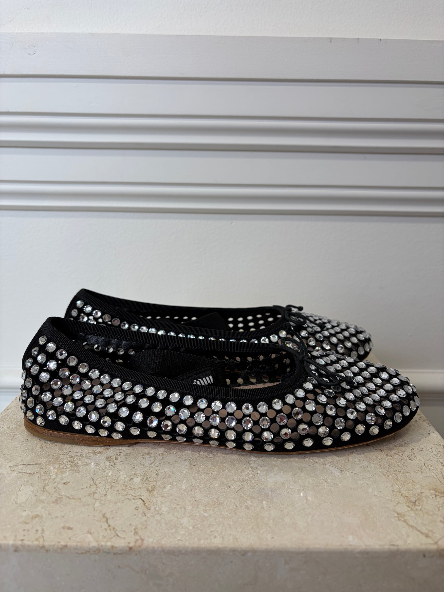 Miu MIu Black Crystal Net Ballet Flats, 39.5