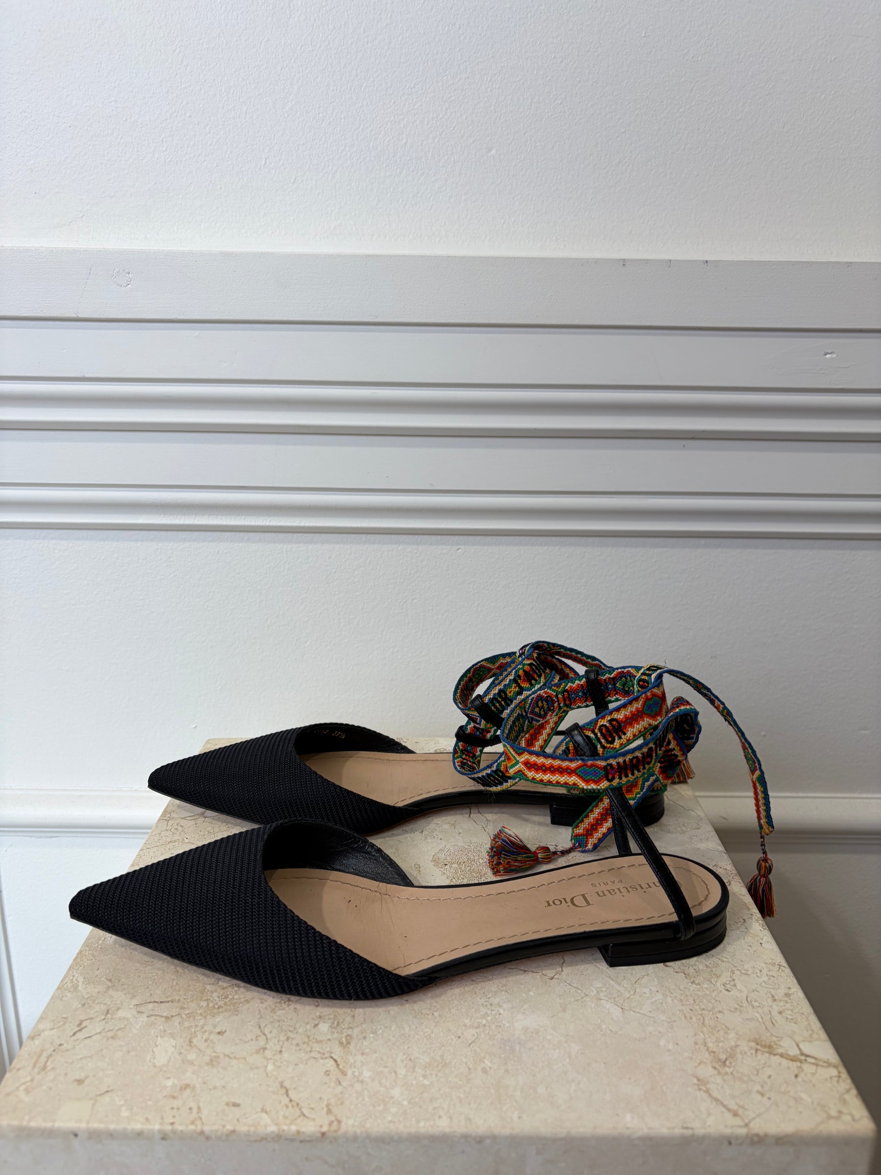 Dior Black Technical Rainbow Ankle Tie Pointed Flats, 39.5