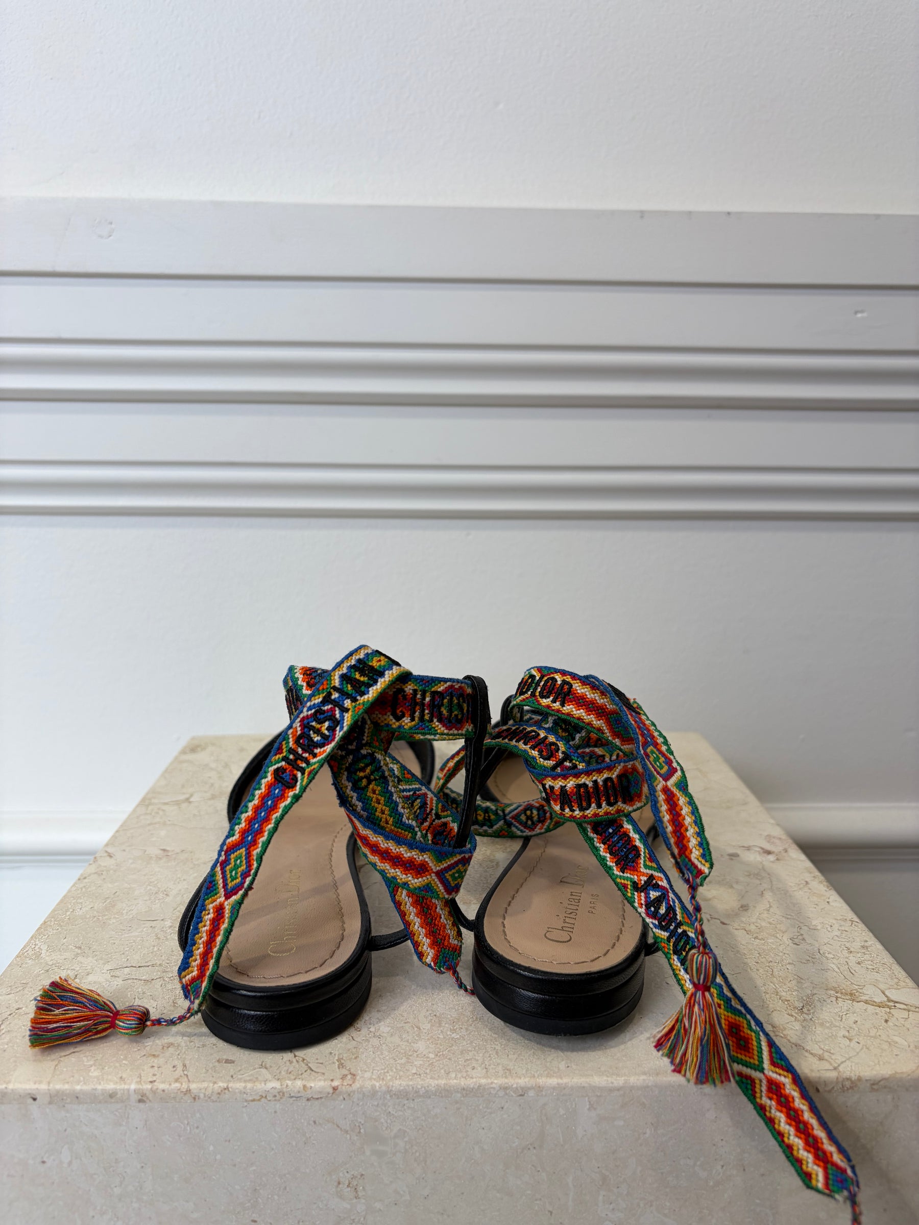 Dior Black Technical Rainbow Ankle Tie Pointed Flats, 39.5