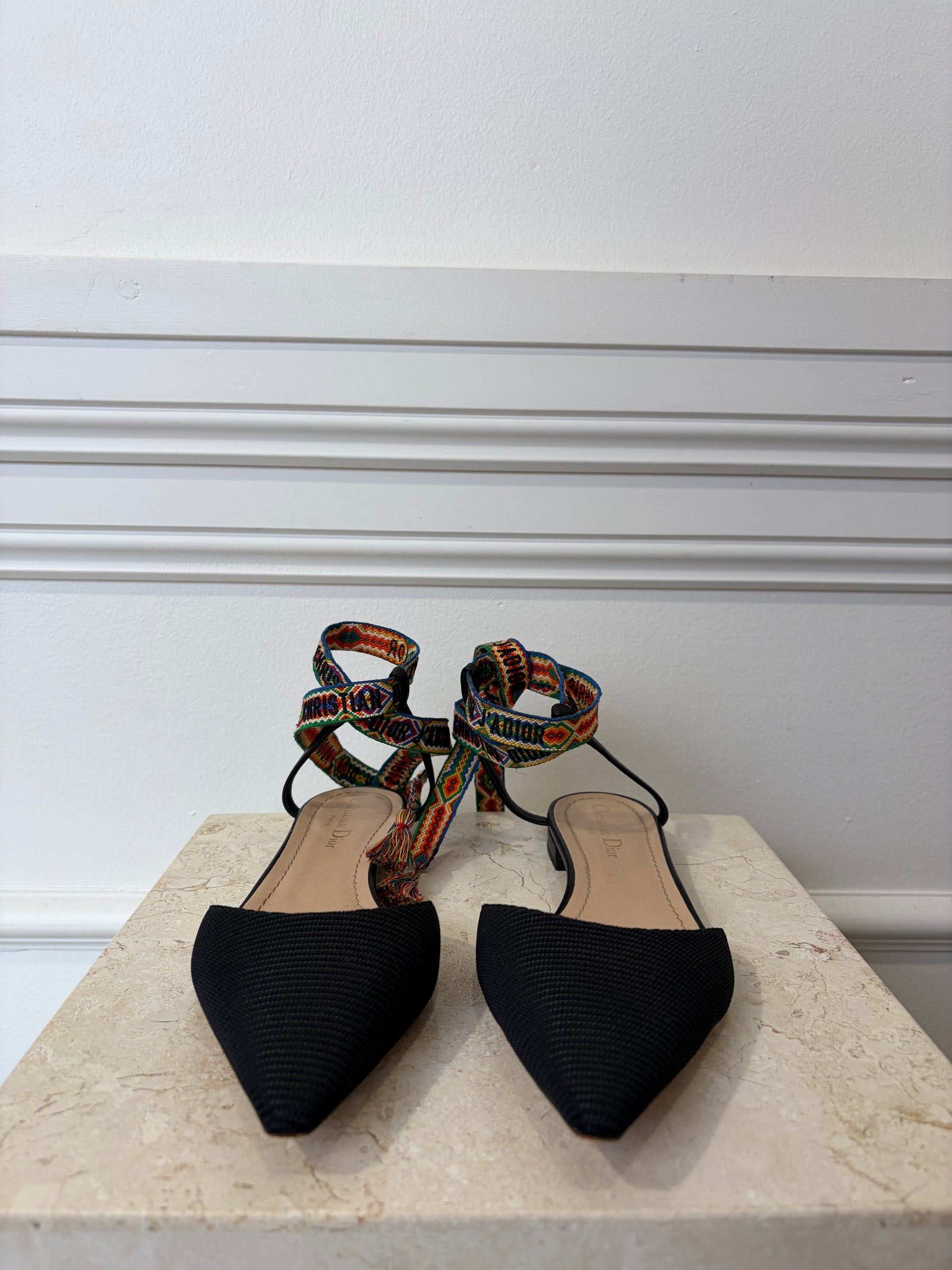 Dior Black Technical Rainbow Ankle Tie Pointed Flats, 39.5