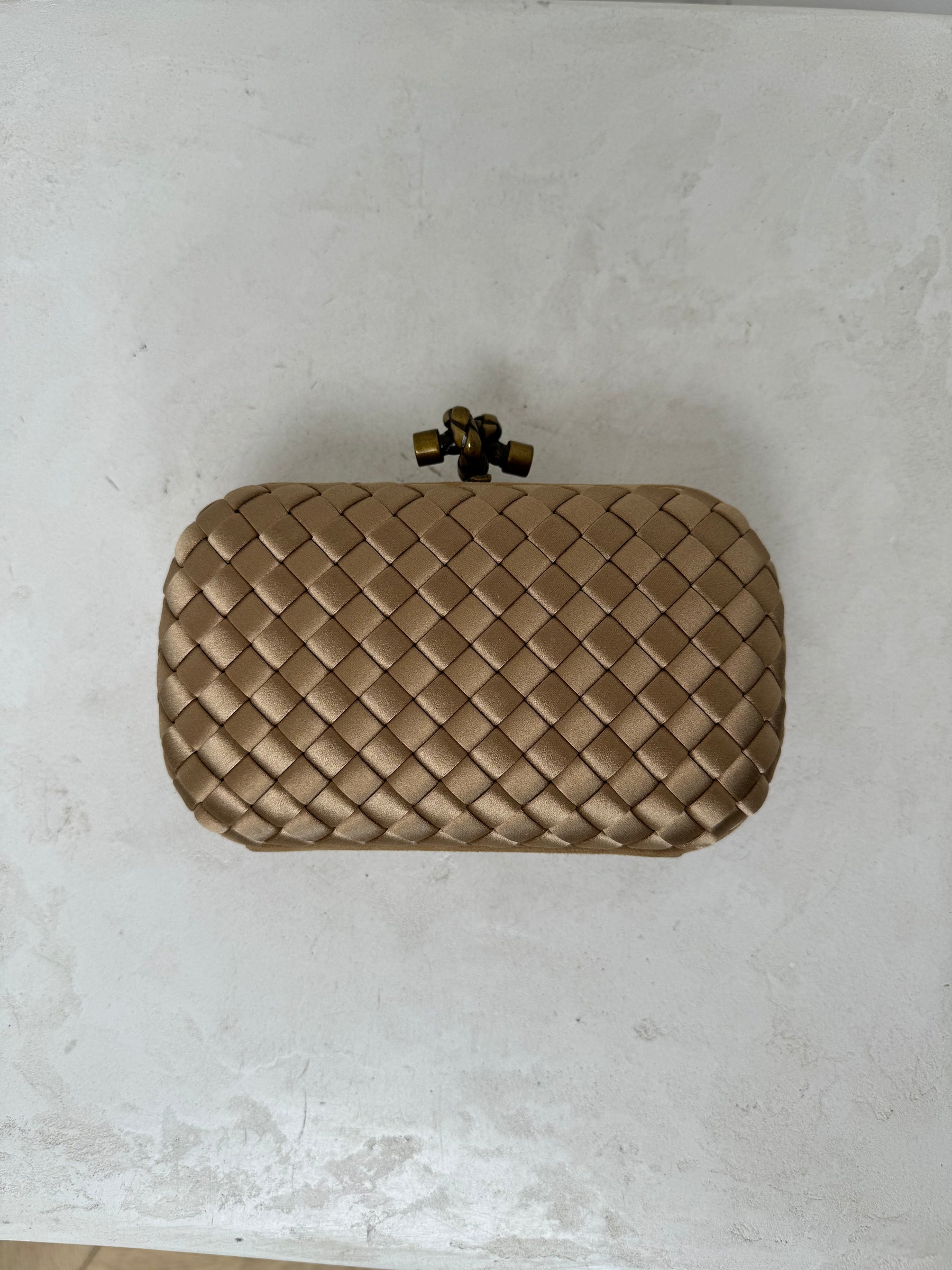 Bottega Veneta Champagne Intreciatto Silk Knot Clutch