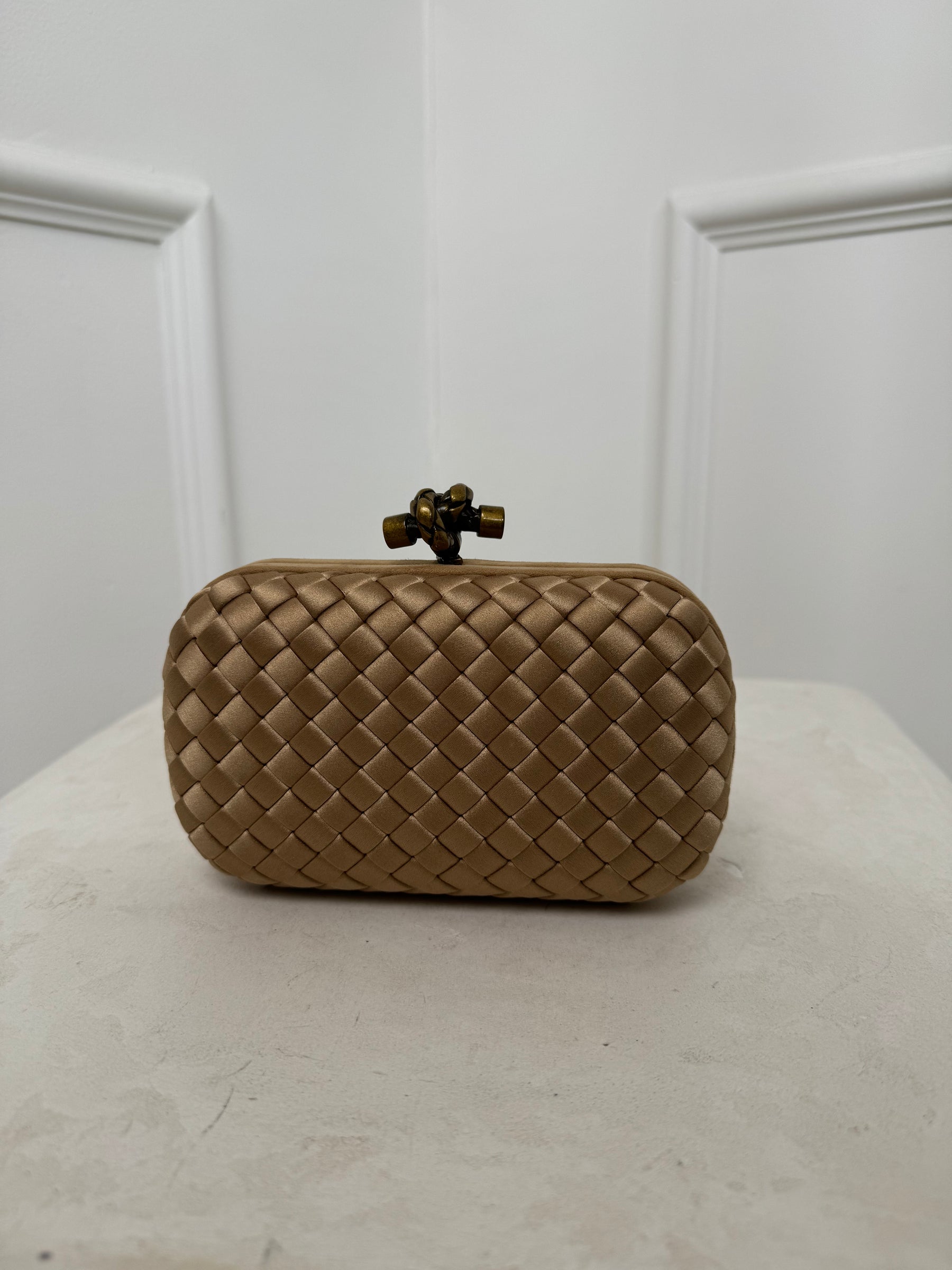 Bottega Veneta Champagne Intreciatto Silk Knot Clutch