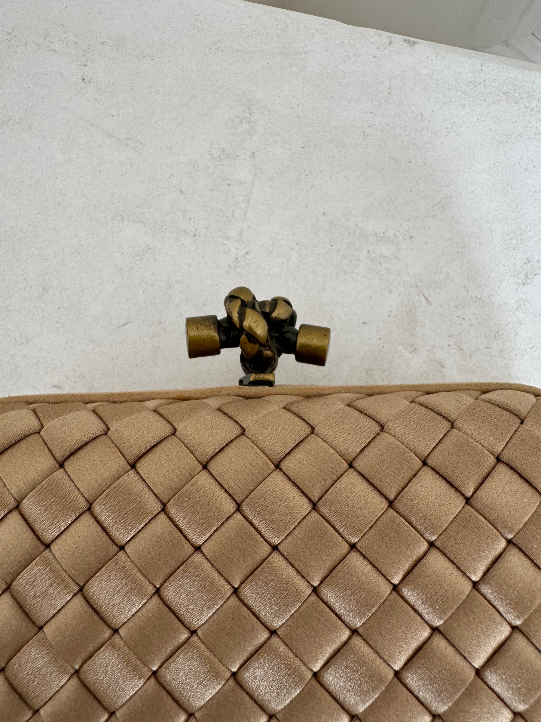 Bottega Veneta Champagne Intreciatto Silk Knot Clutch