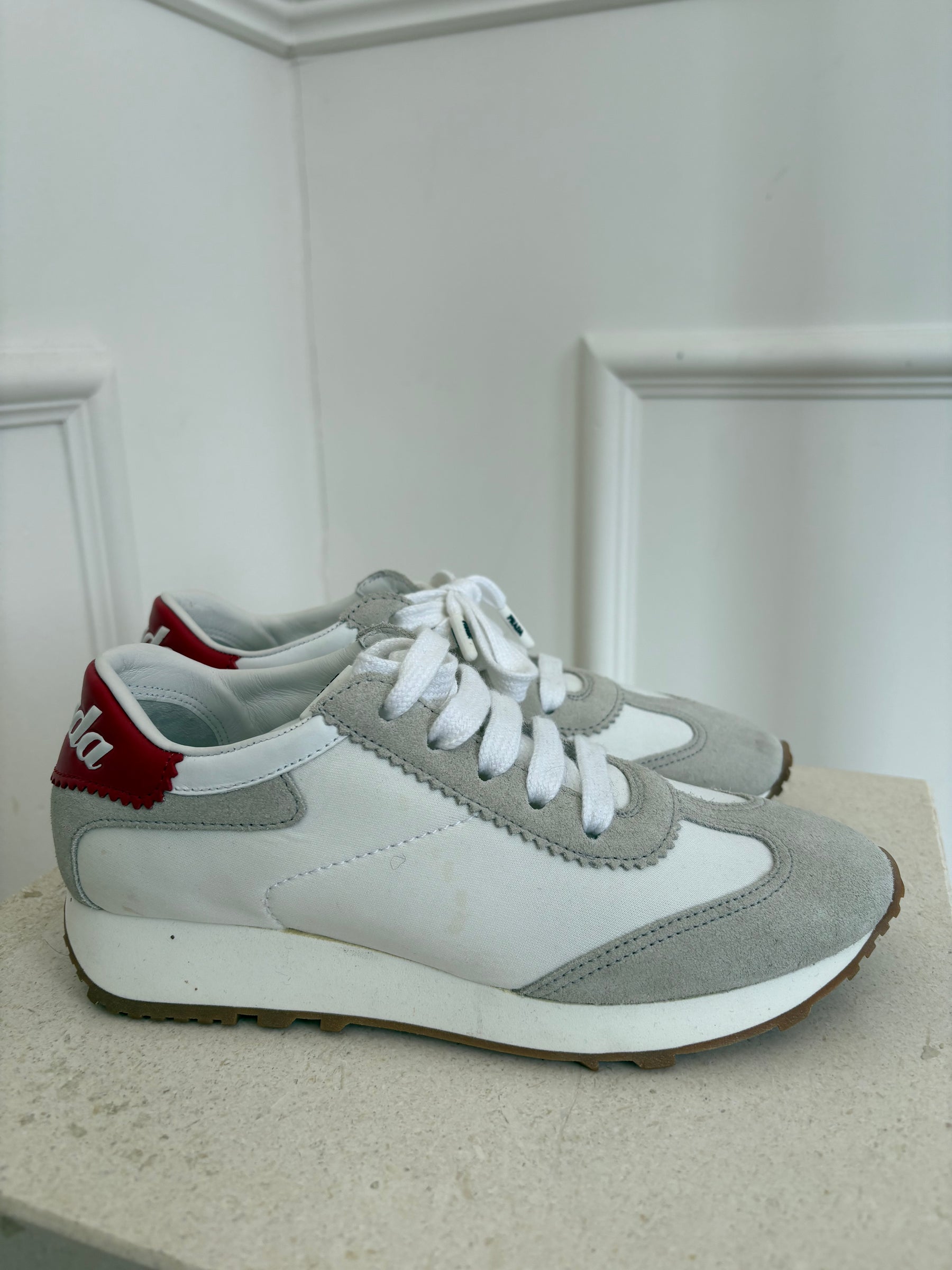 Prada Grey White Sneakers With Red Branding, 35