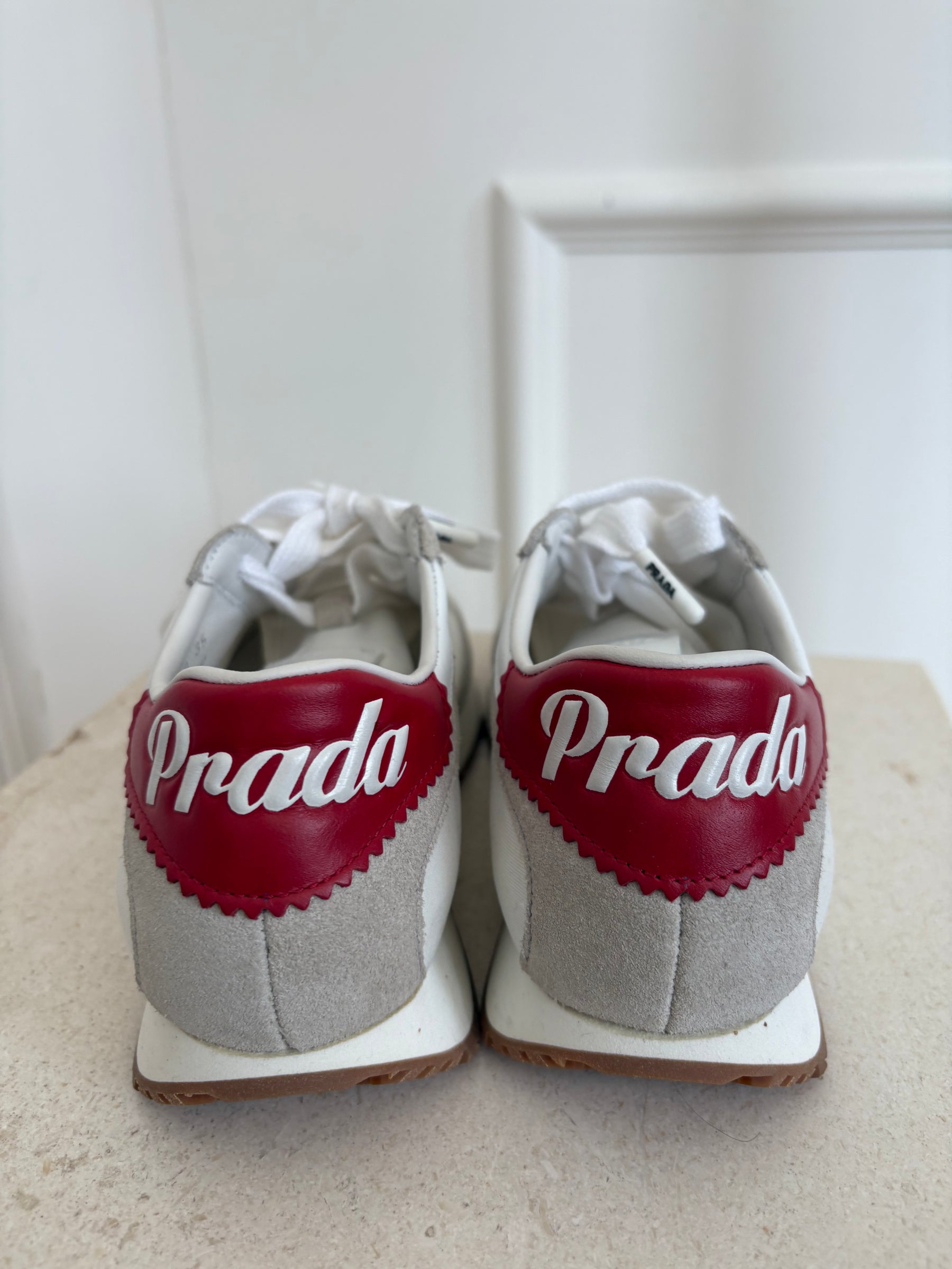 Prada Grey White Sneakers With Red Branding, 35