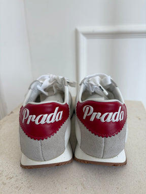 Prada Grey White Sneakers With Red Branding, 35