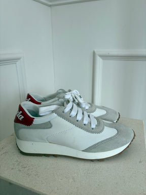 Prada Grey White Sneakers With Red Branding, 35