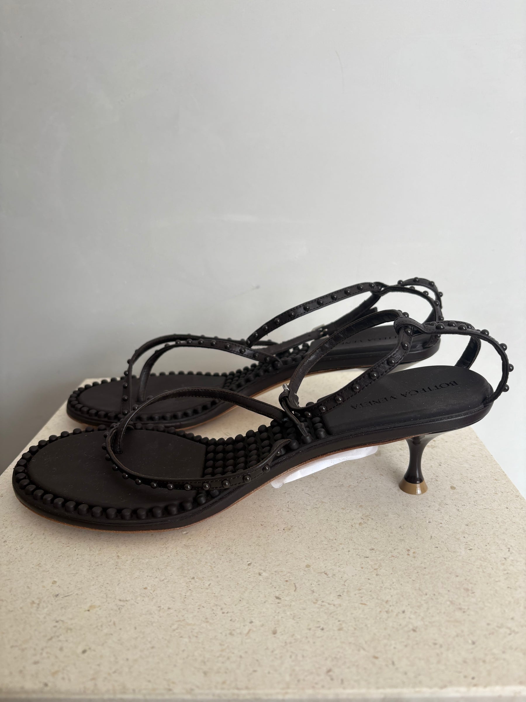 Bottega Veneta Chocolate Leather Studded Strappy Kitten Heels, 40