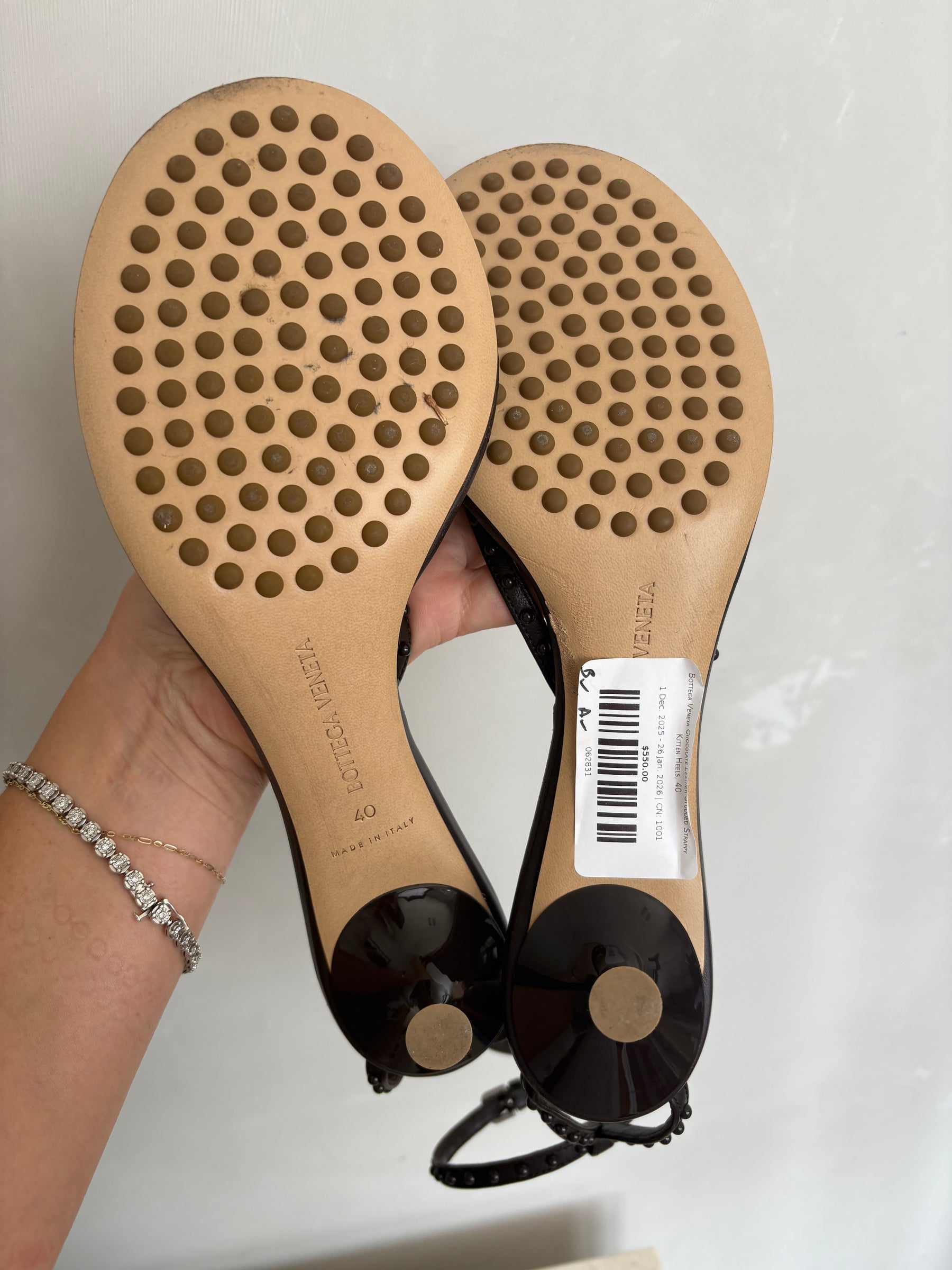 Bottega Veneta Chocolate Leather Studded Strappy Kitten Heels, 40