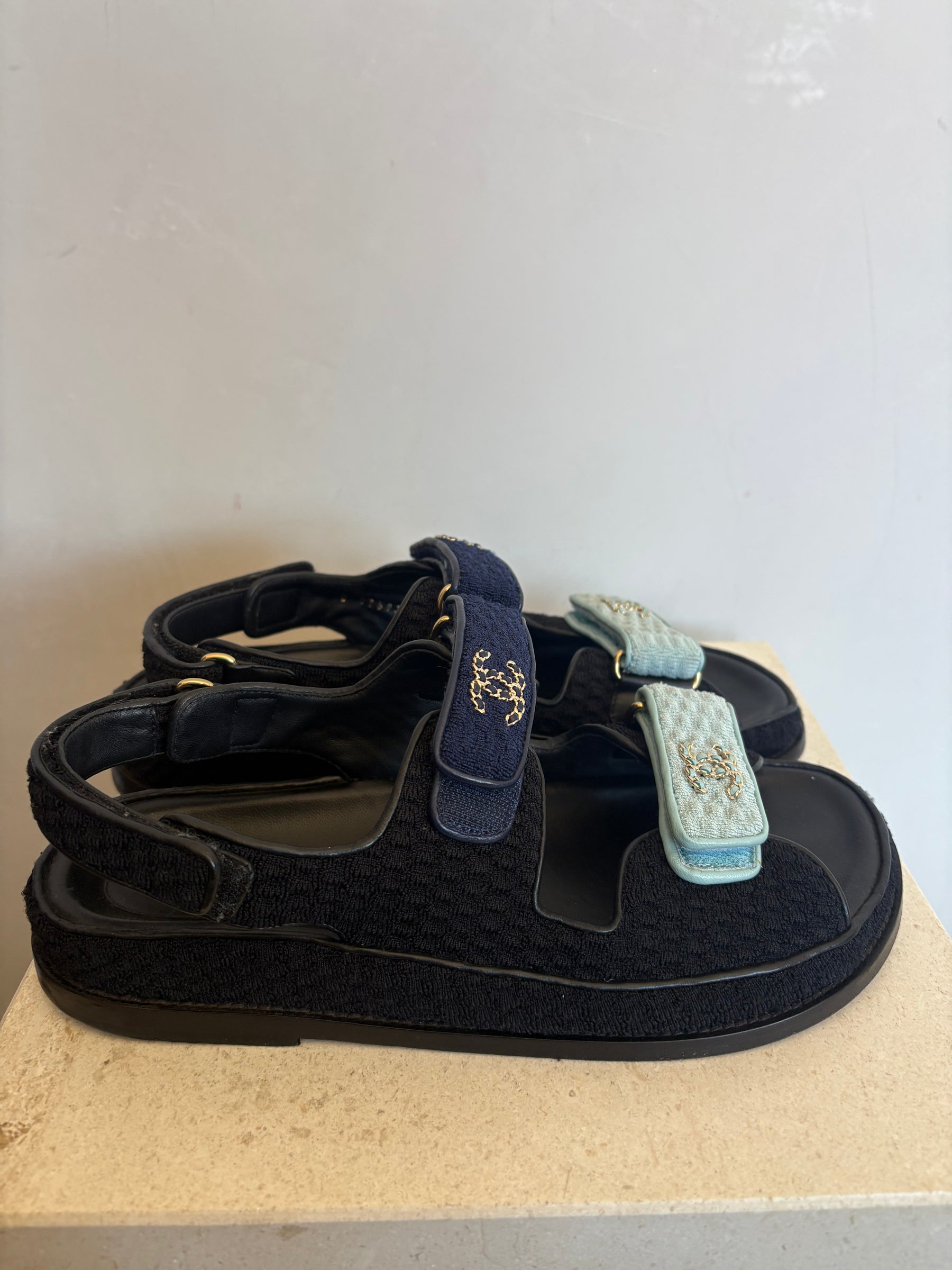 Chanel Black and Multi Blue Textured Fabric Dad Sandals, 40