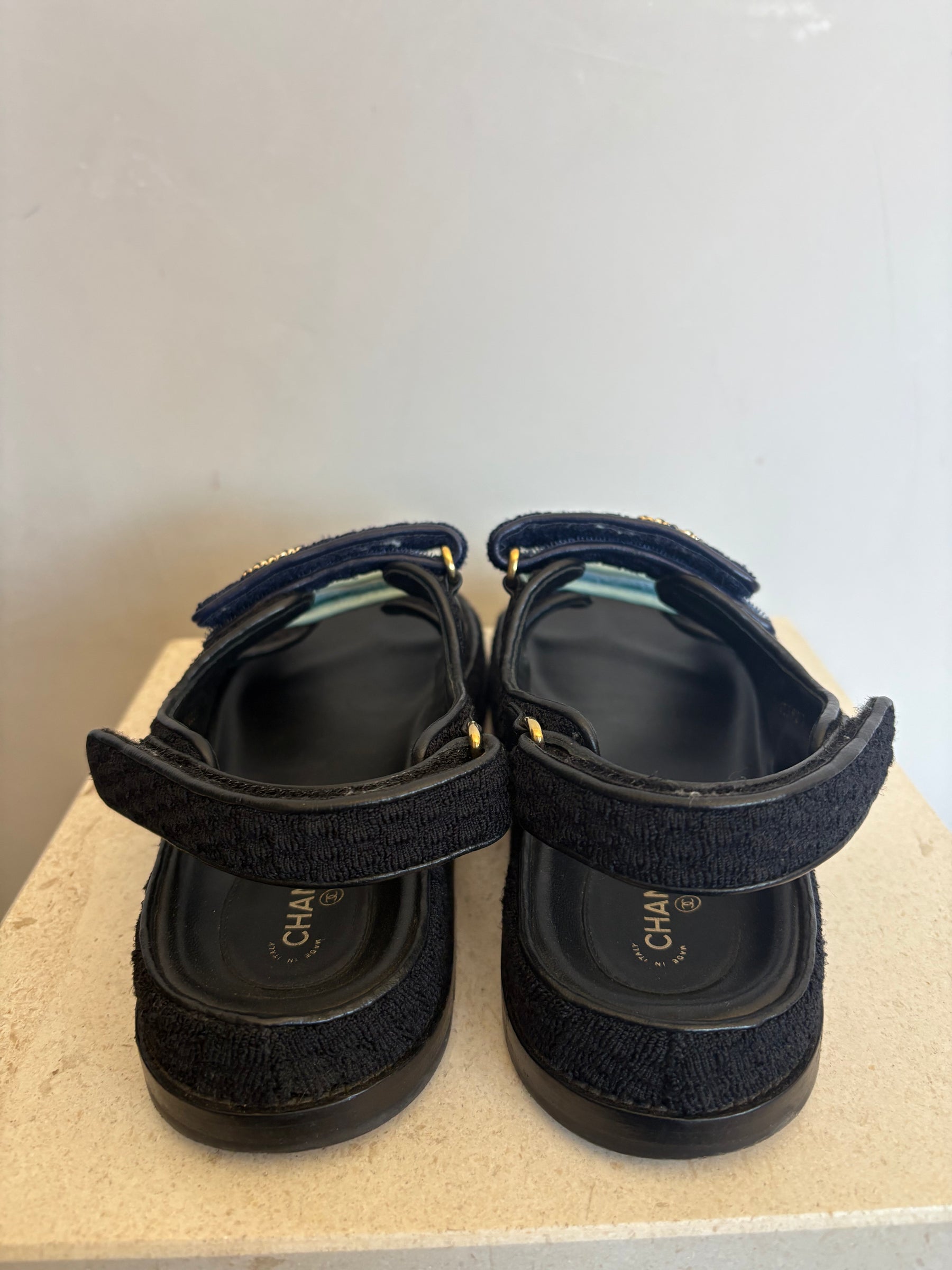 Chanel Black and Multi Blue Textured Fabric Dad Sandals, 40