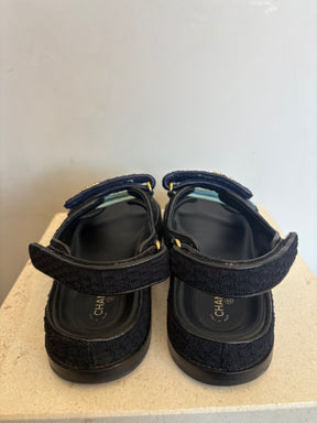 Chanel Black and Multi Blue Textured Fabric Dad Sandals, 40