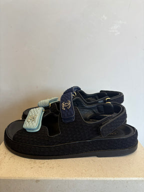Chanel Black and Multi Blue Textured Fabric Dad Sandals, 40
