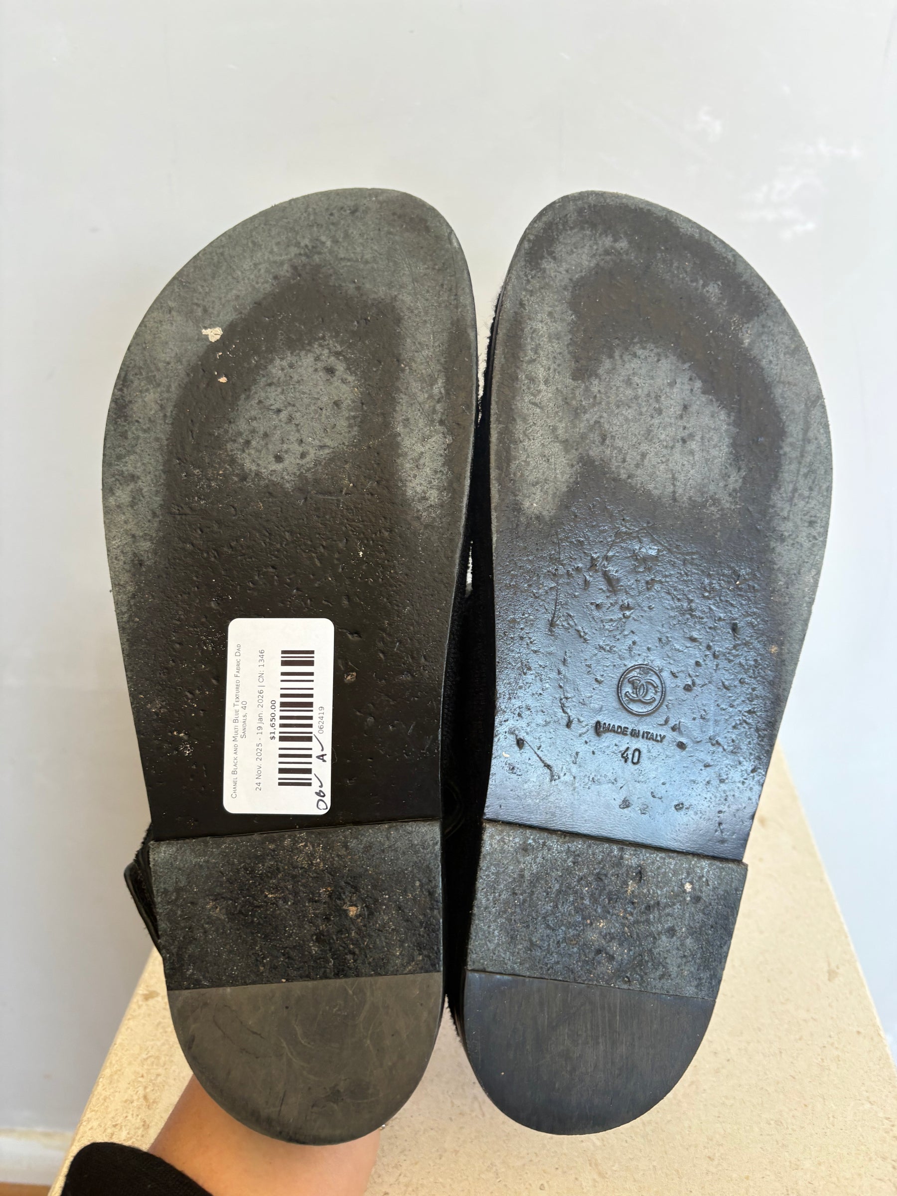 Chanel Black and Multi Blue Textured Fabric Dad Sandals, 40