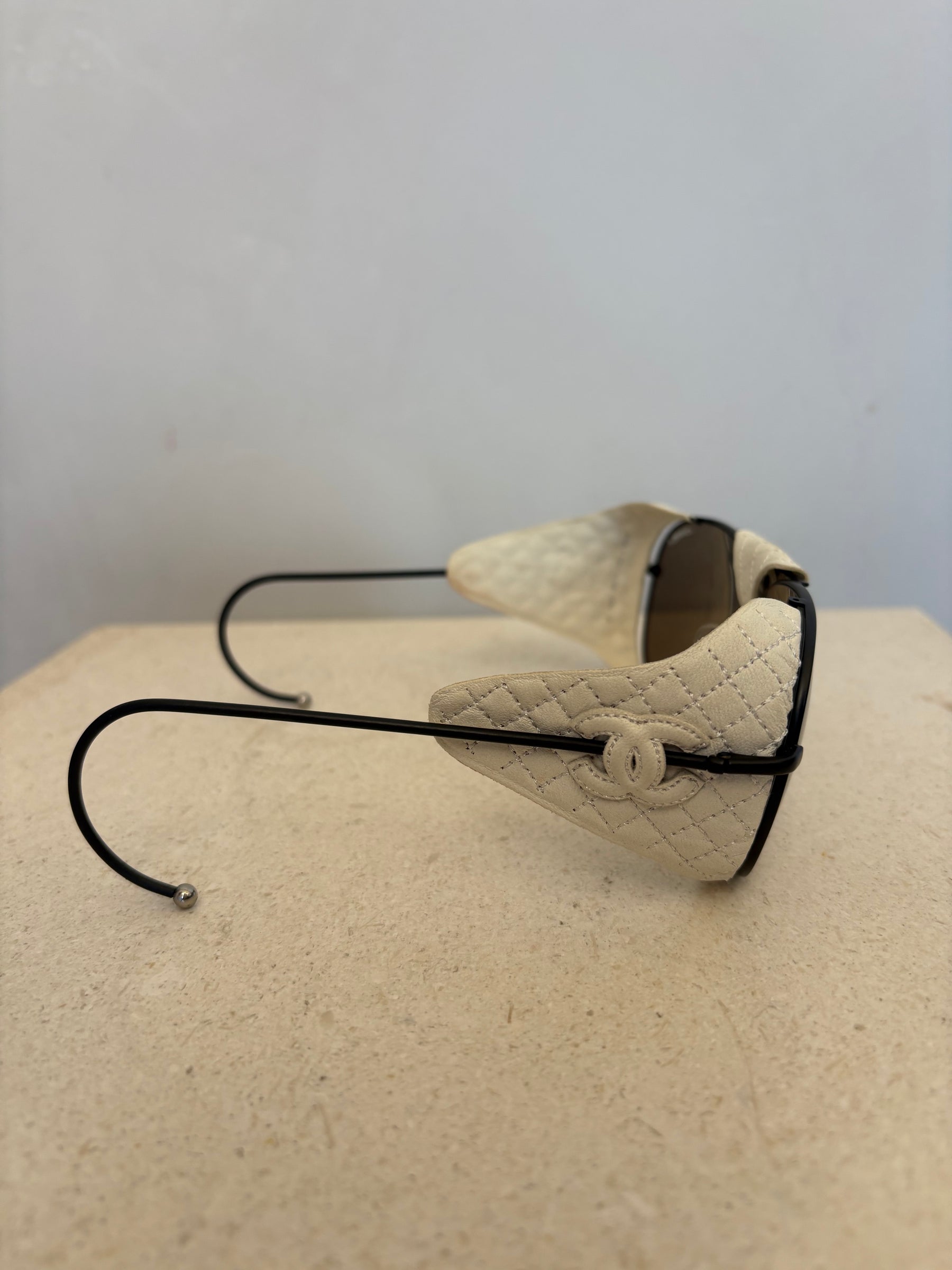 Chanel Black and White Leather Aviator Sunglasses