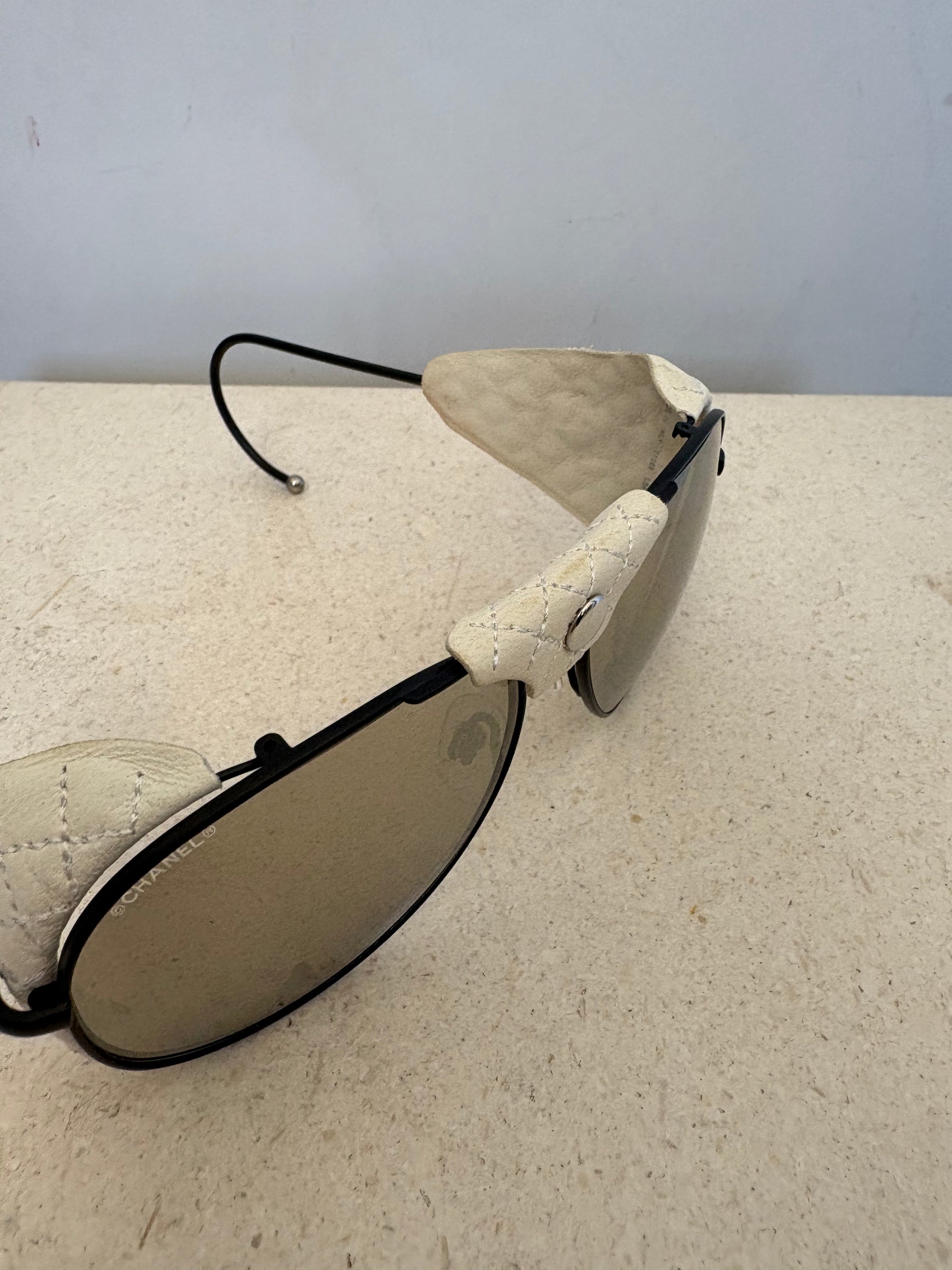 Chanel Black and White Leather Aviator Sunglasses