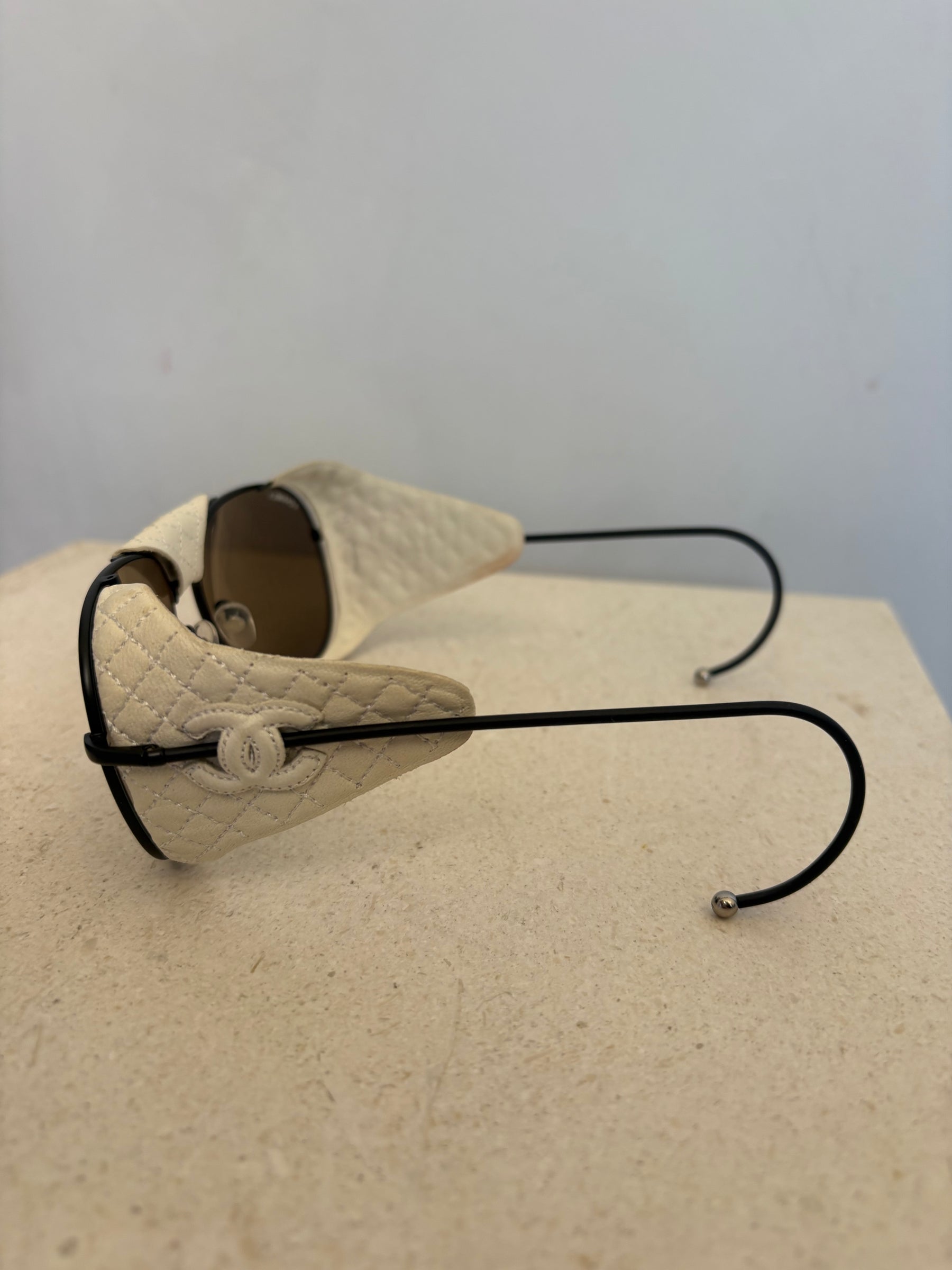 Chanel Black and White Leather Aviator Sunglasses