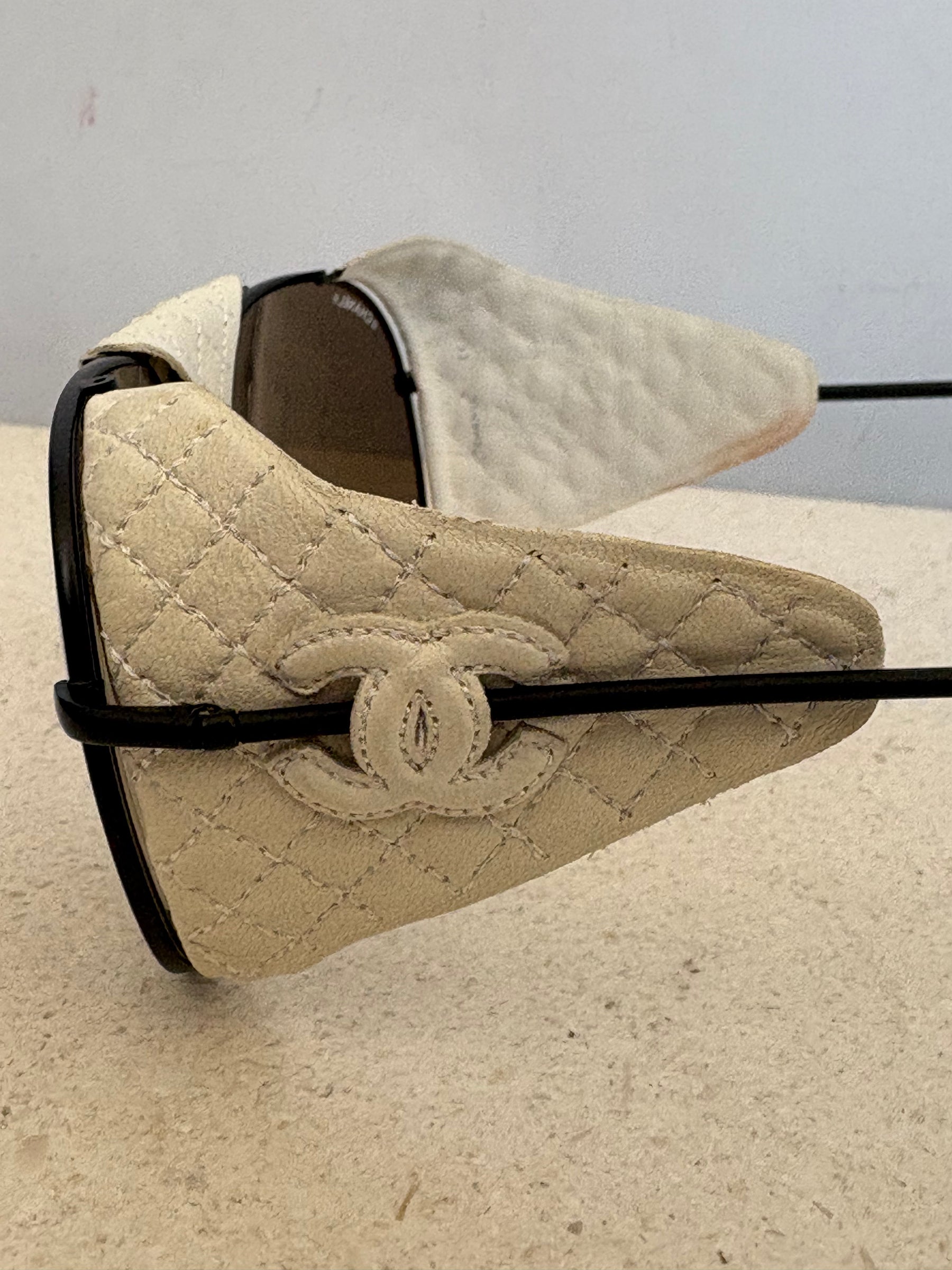 Chanel Black and White Leather Aviator Sunglasses