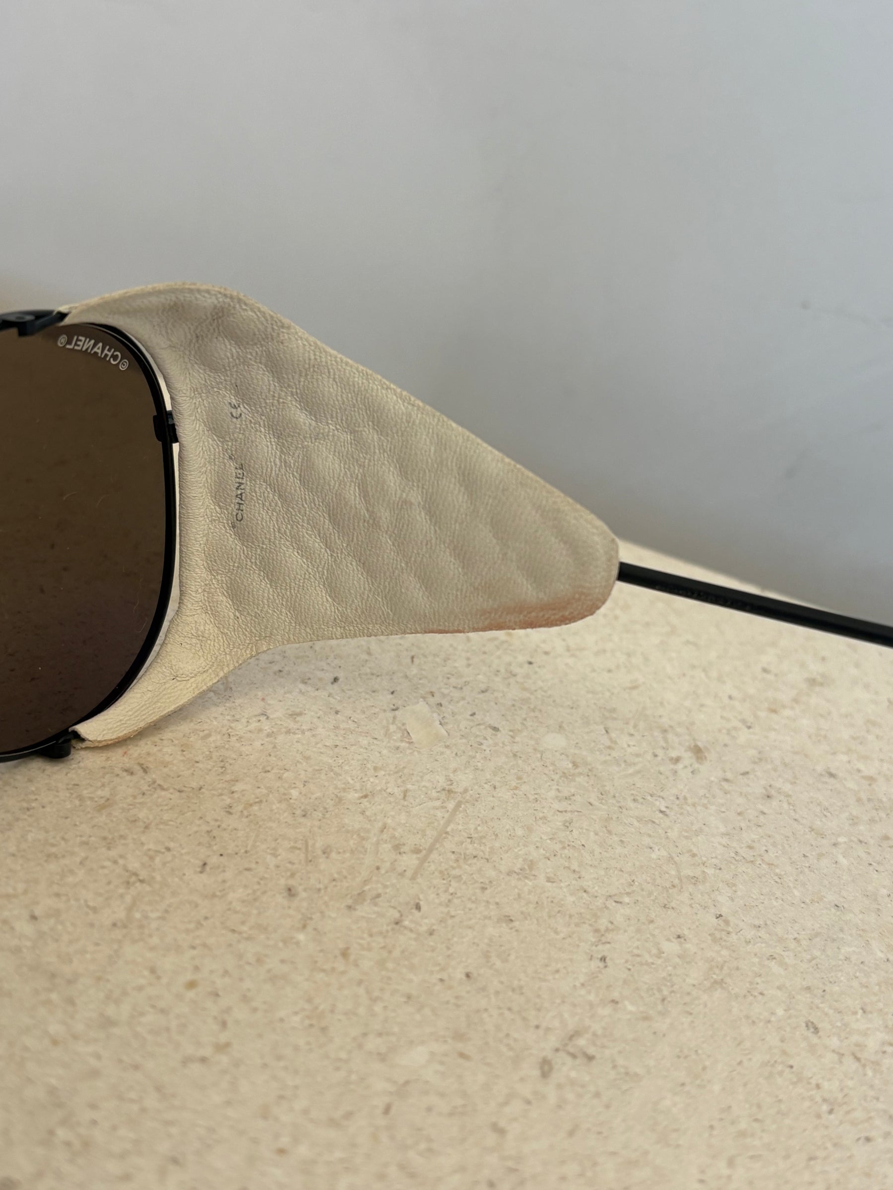 Chanel Black and White Leather Aviator Sunglasses