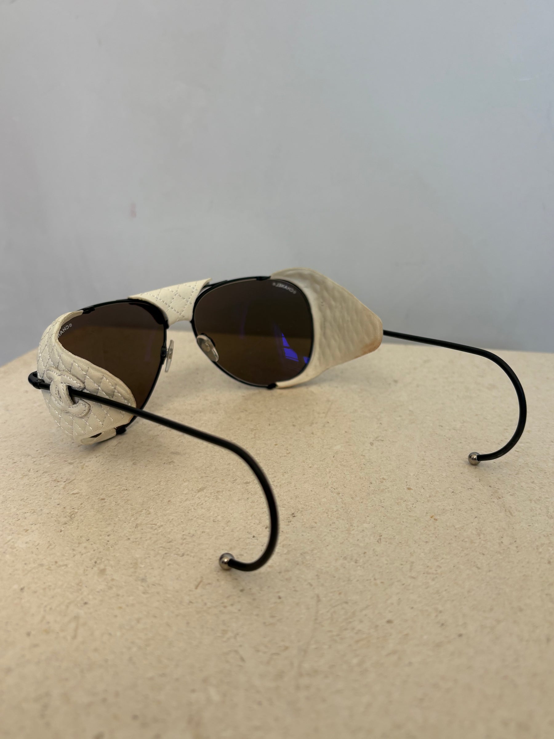 Chanel Black and White Leather Aviator Sunglasses